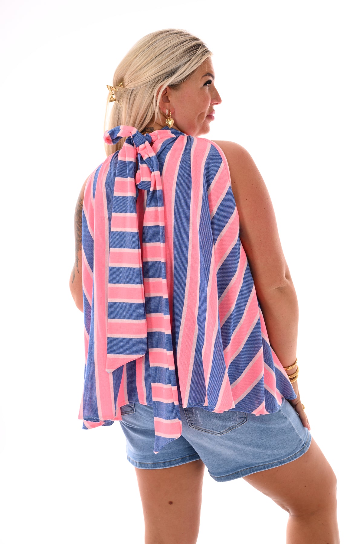 Halter top strepen blauw/felroze