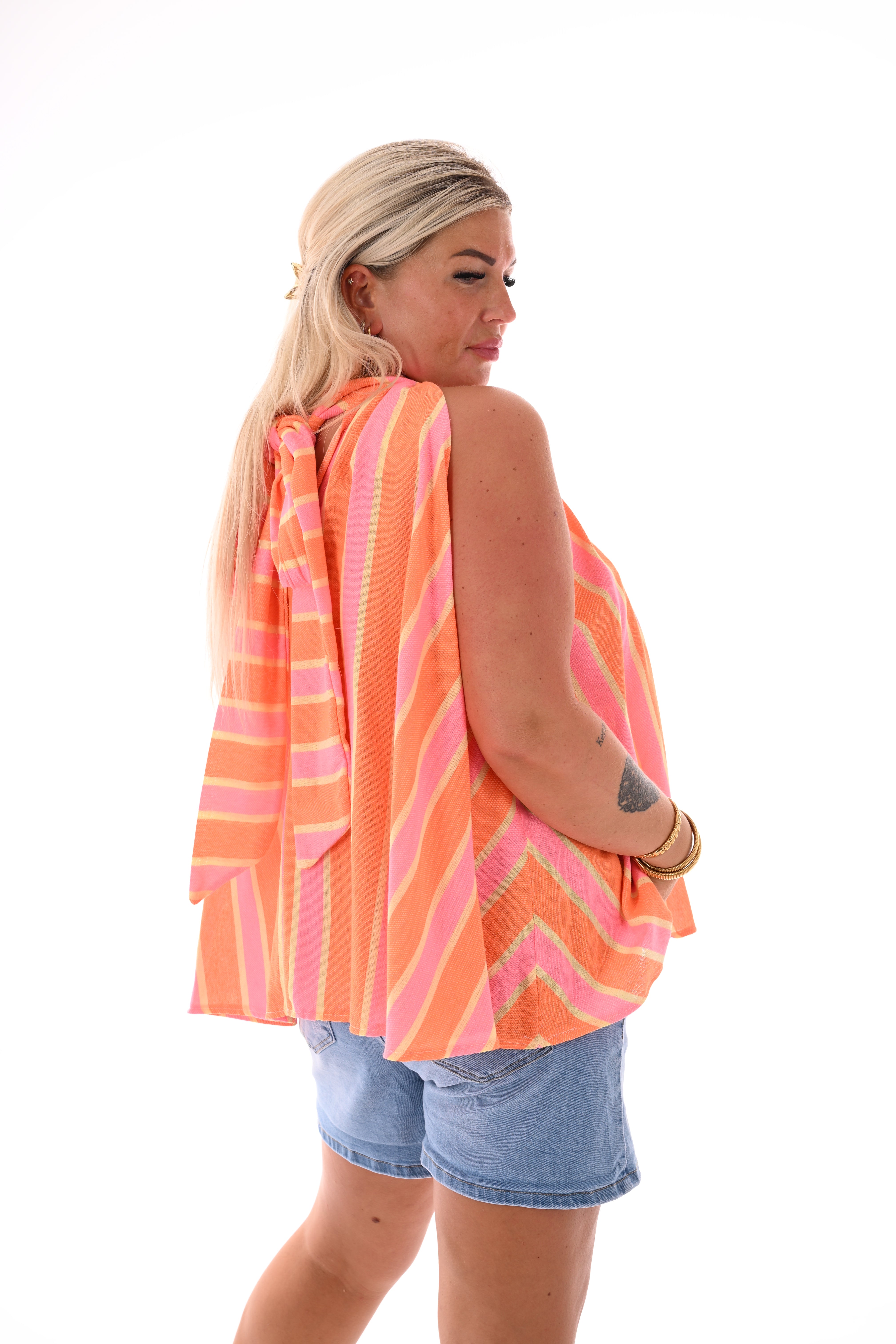 Halter top strepen oranje/felroze