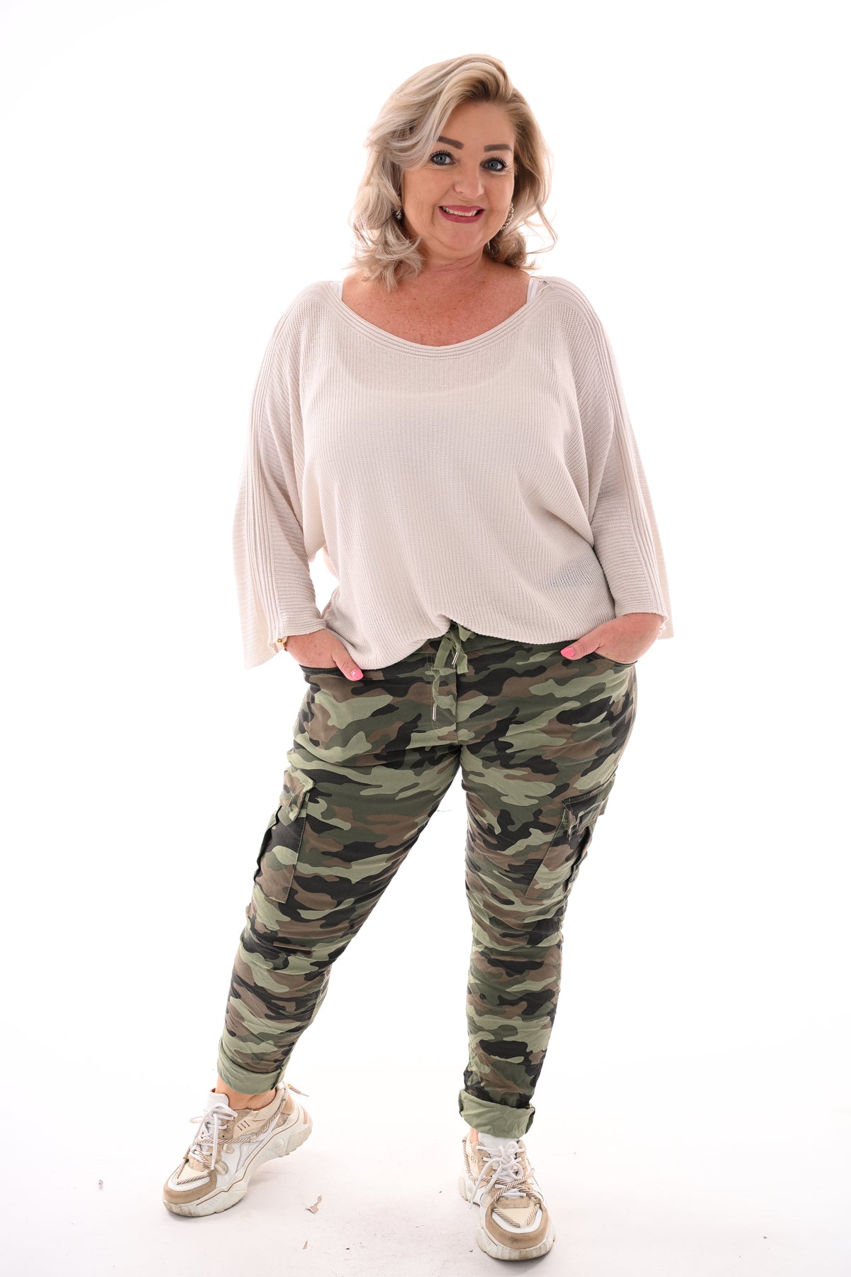 Gehaakte top vleermuis mouwen beige