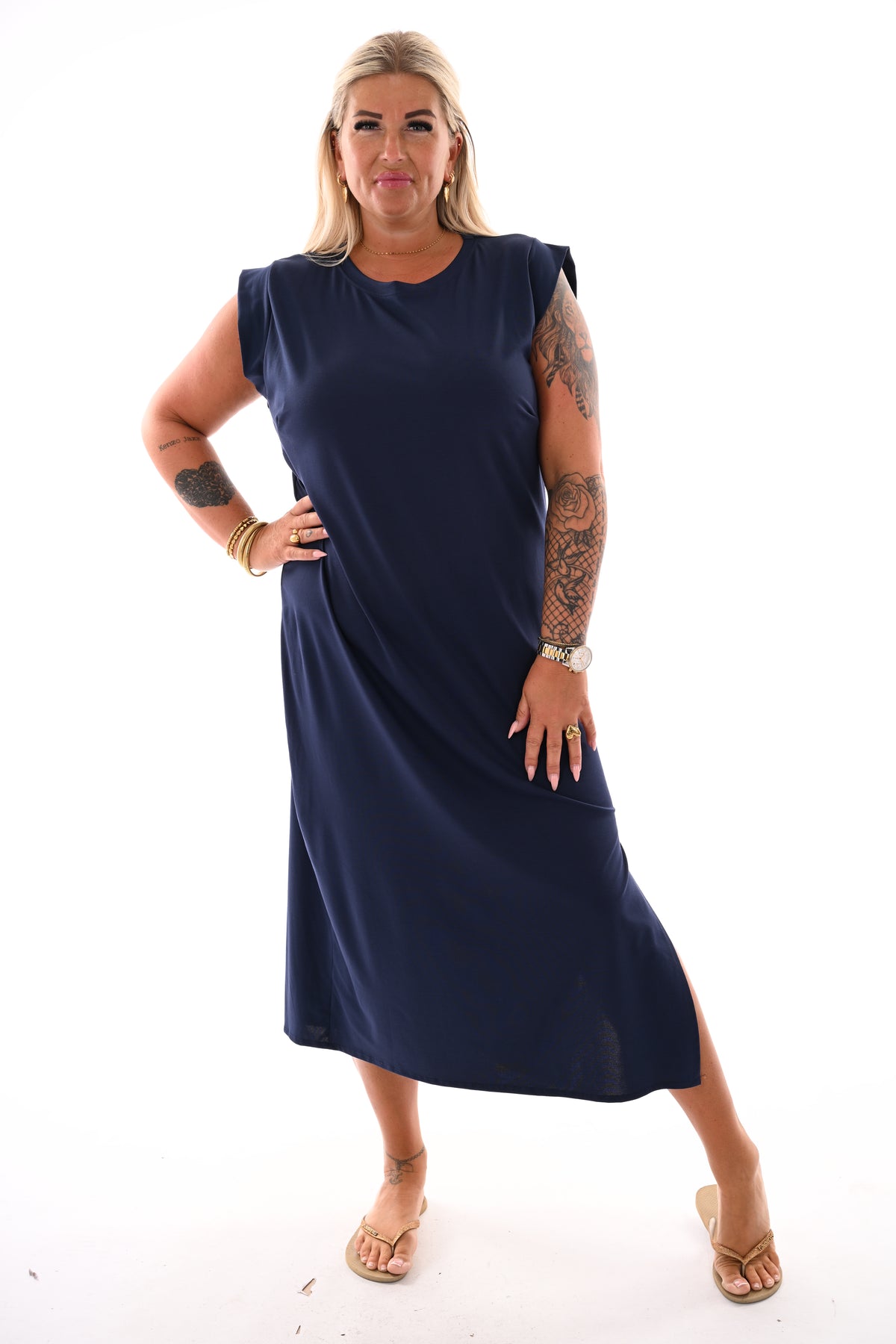 T-shirtdress kapmouwen uni marineblauw
