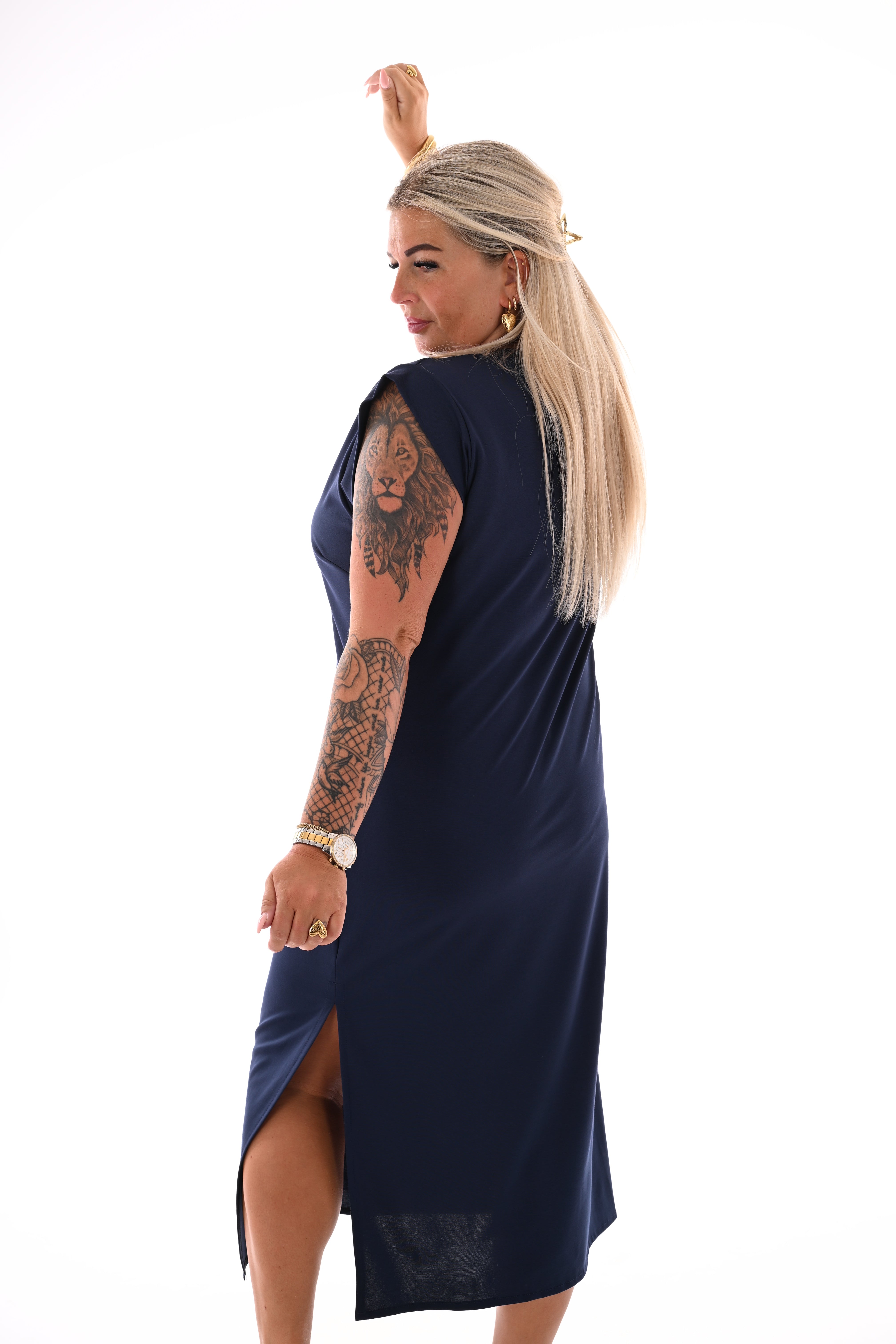 T-shirtdress kapmouwen uni marineblauw