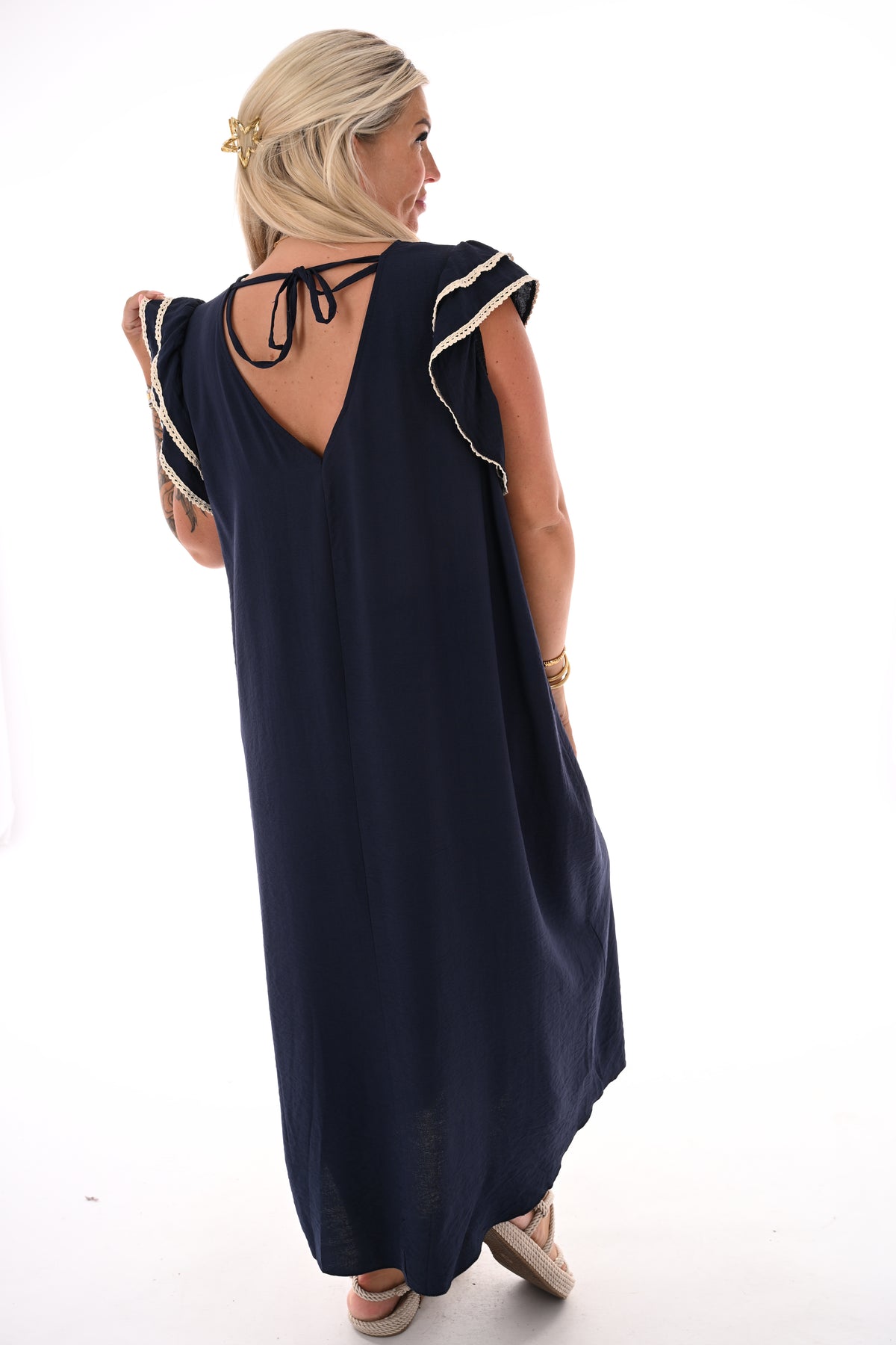 Jurk palmboom en roezelmouwen marineblauw