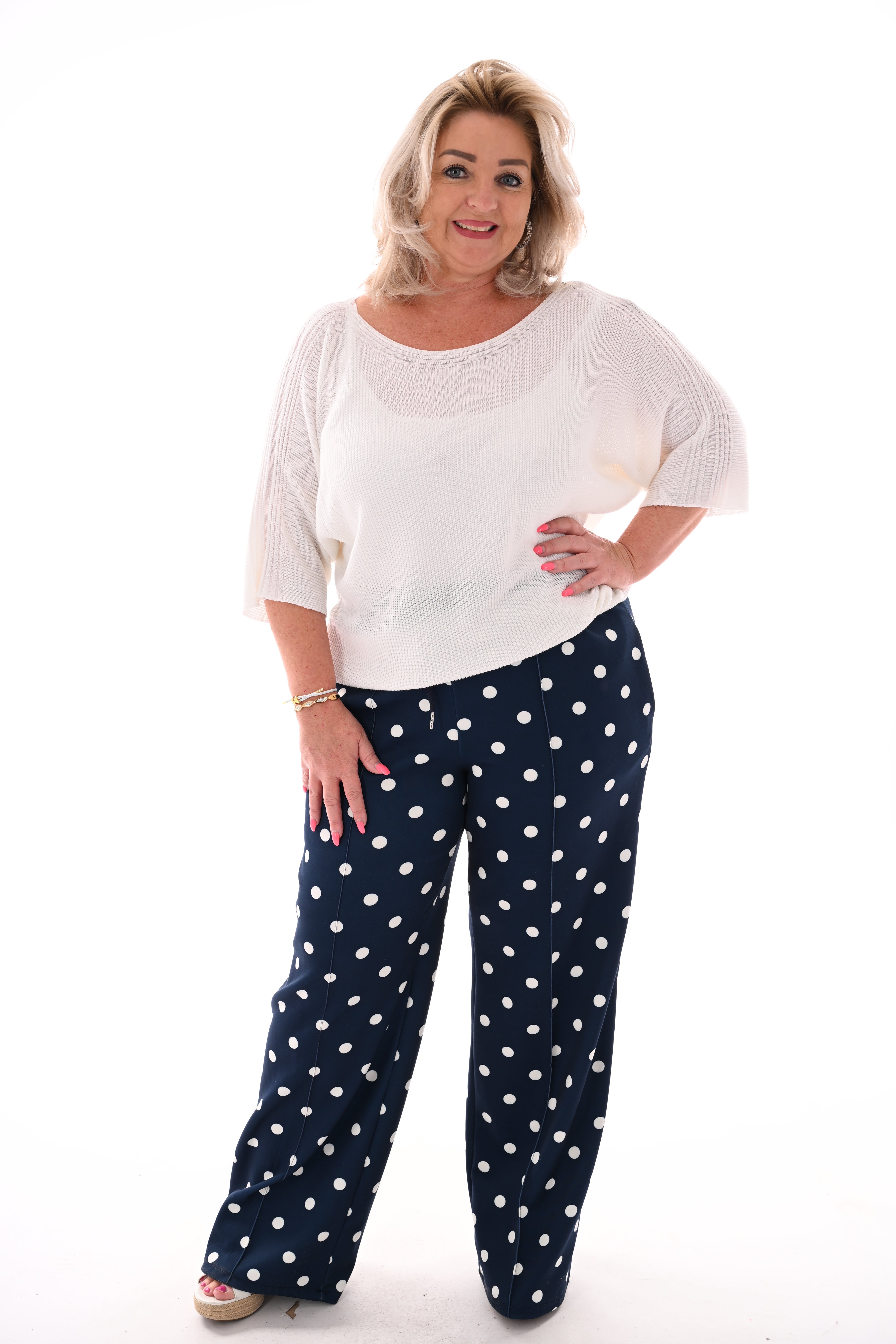 Broek stippen elastieken band marineblauw