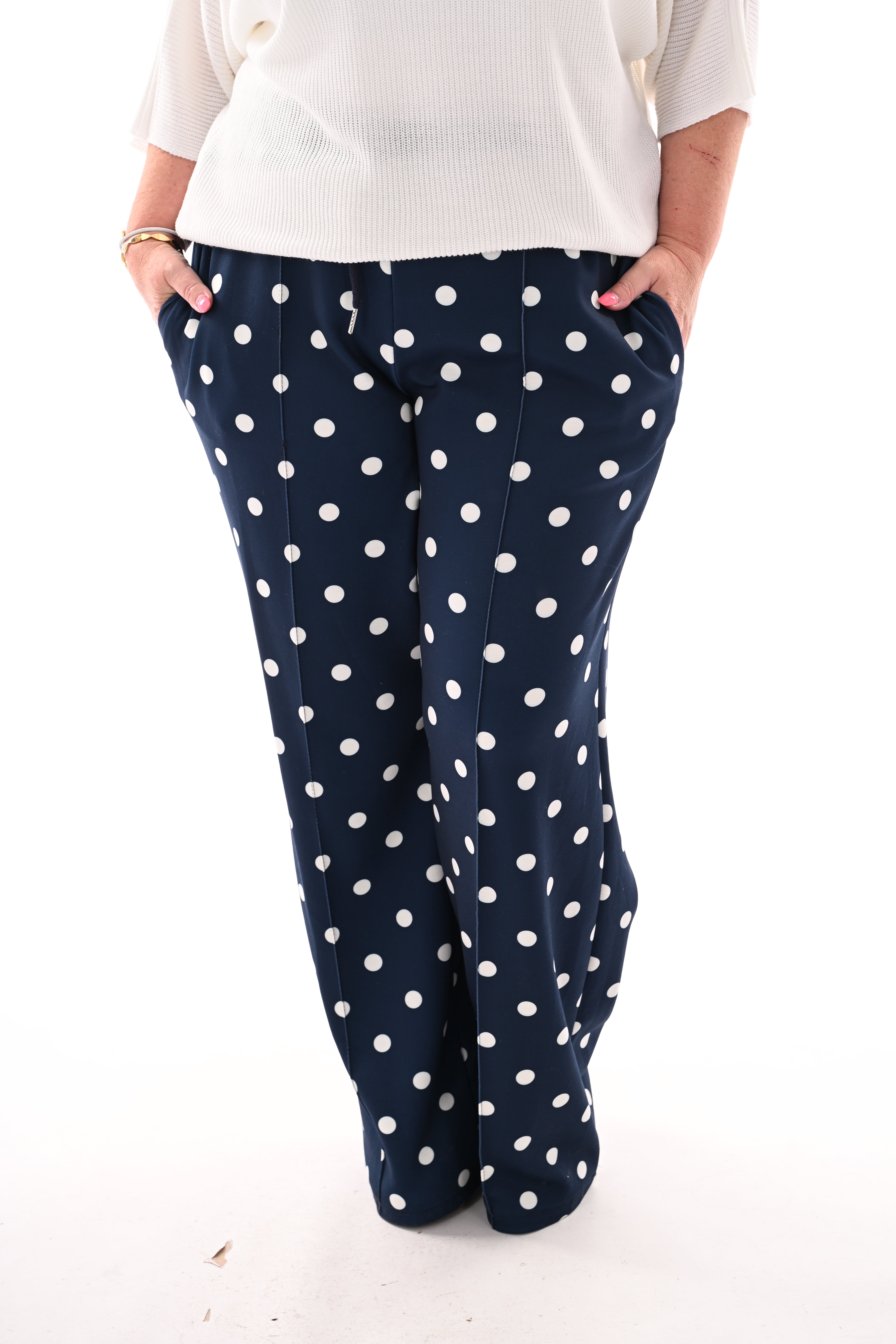 Broek stippen elastieken band marineblauw