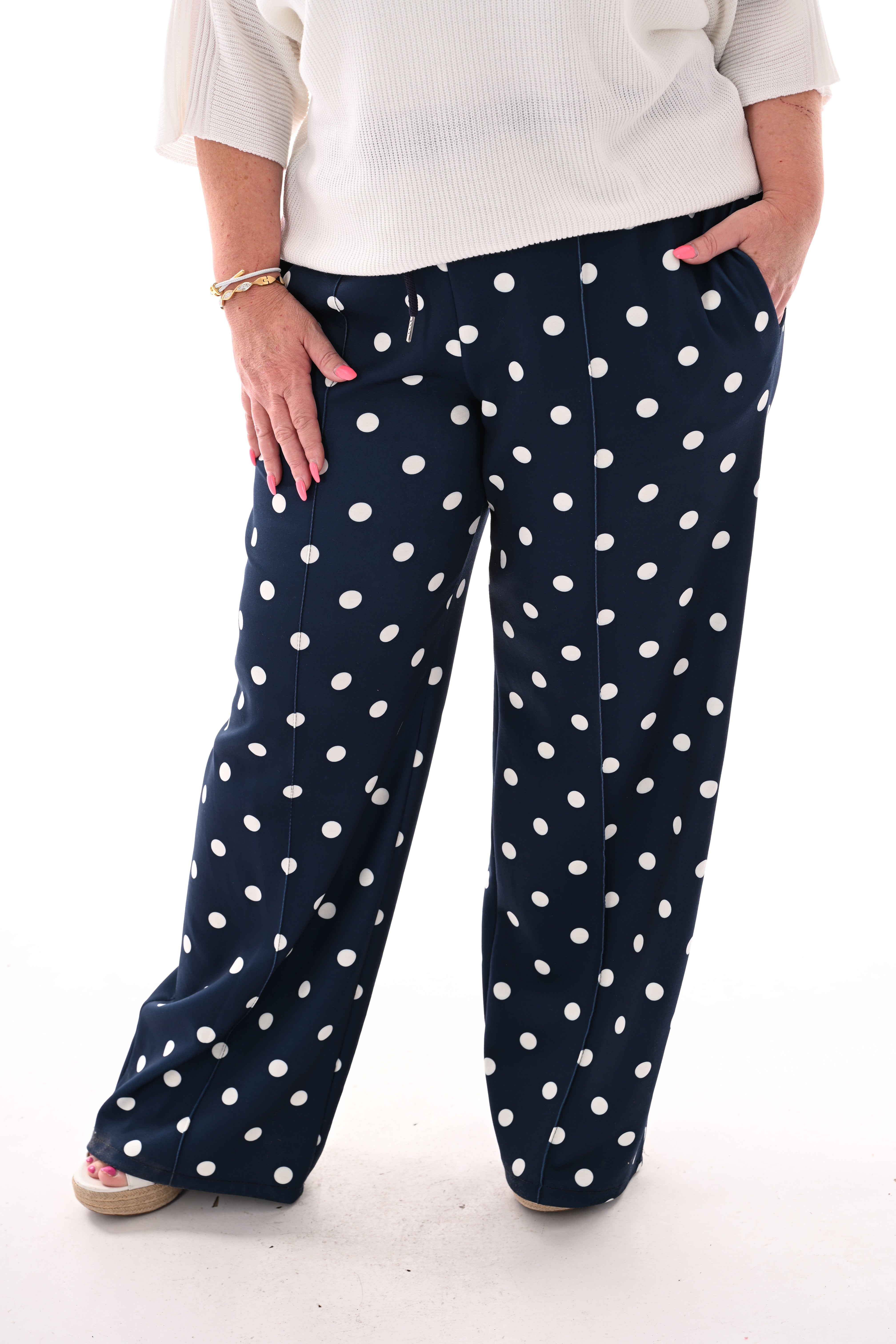 Broek stippen elastieken band marineblauw