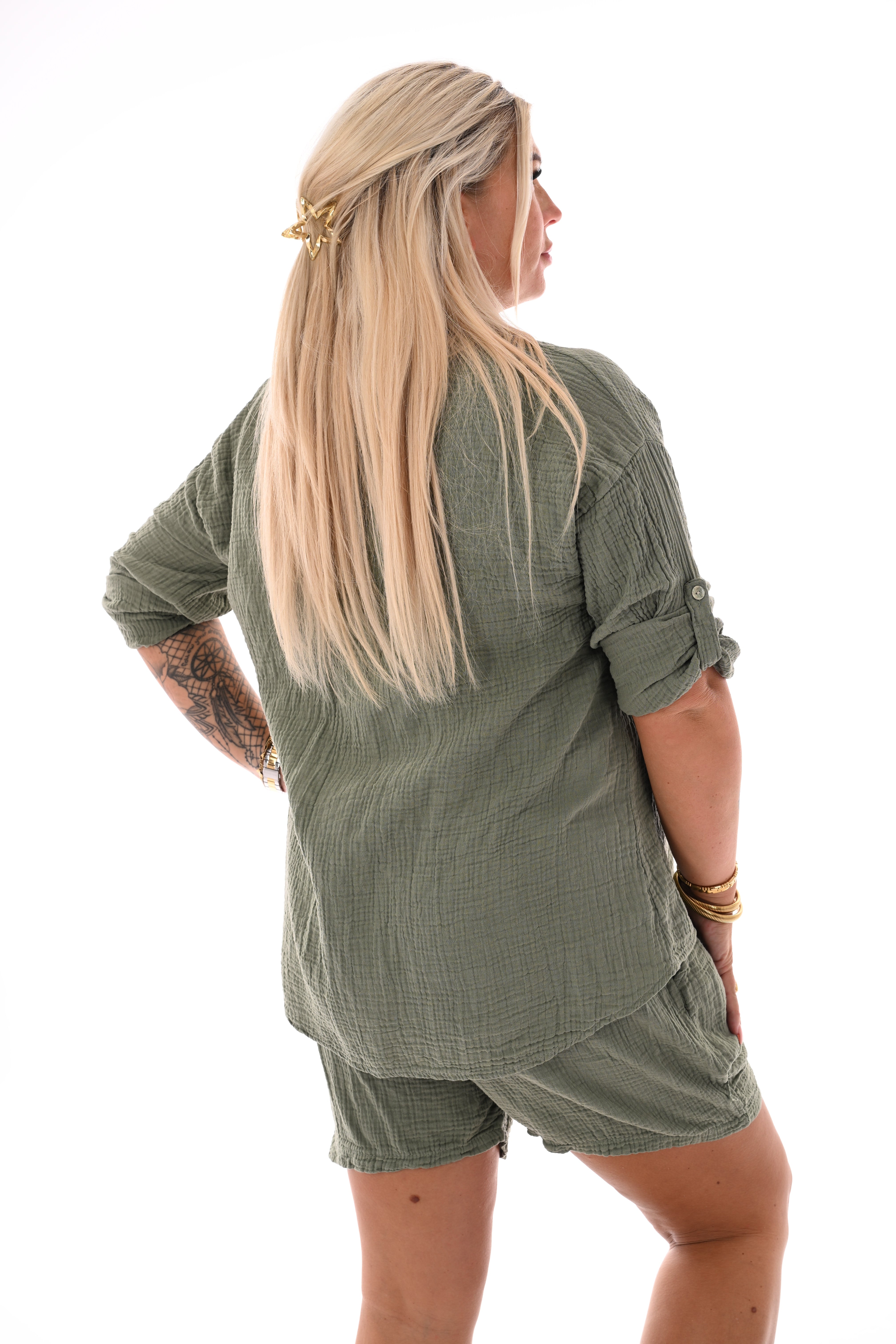 Twinset wafel met ophaalmouwen legergroen