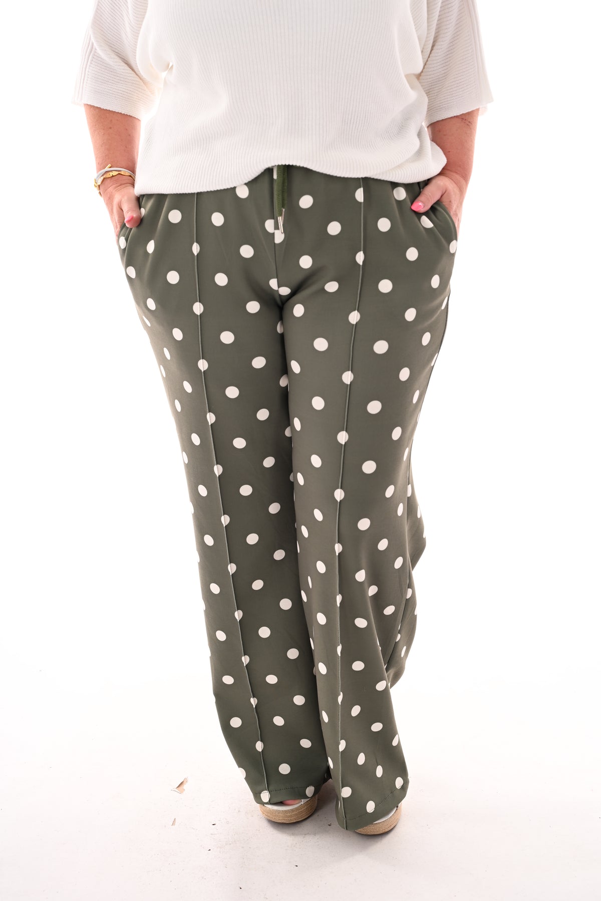 Broek stippen elastieken band legergroen