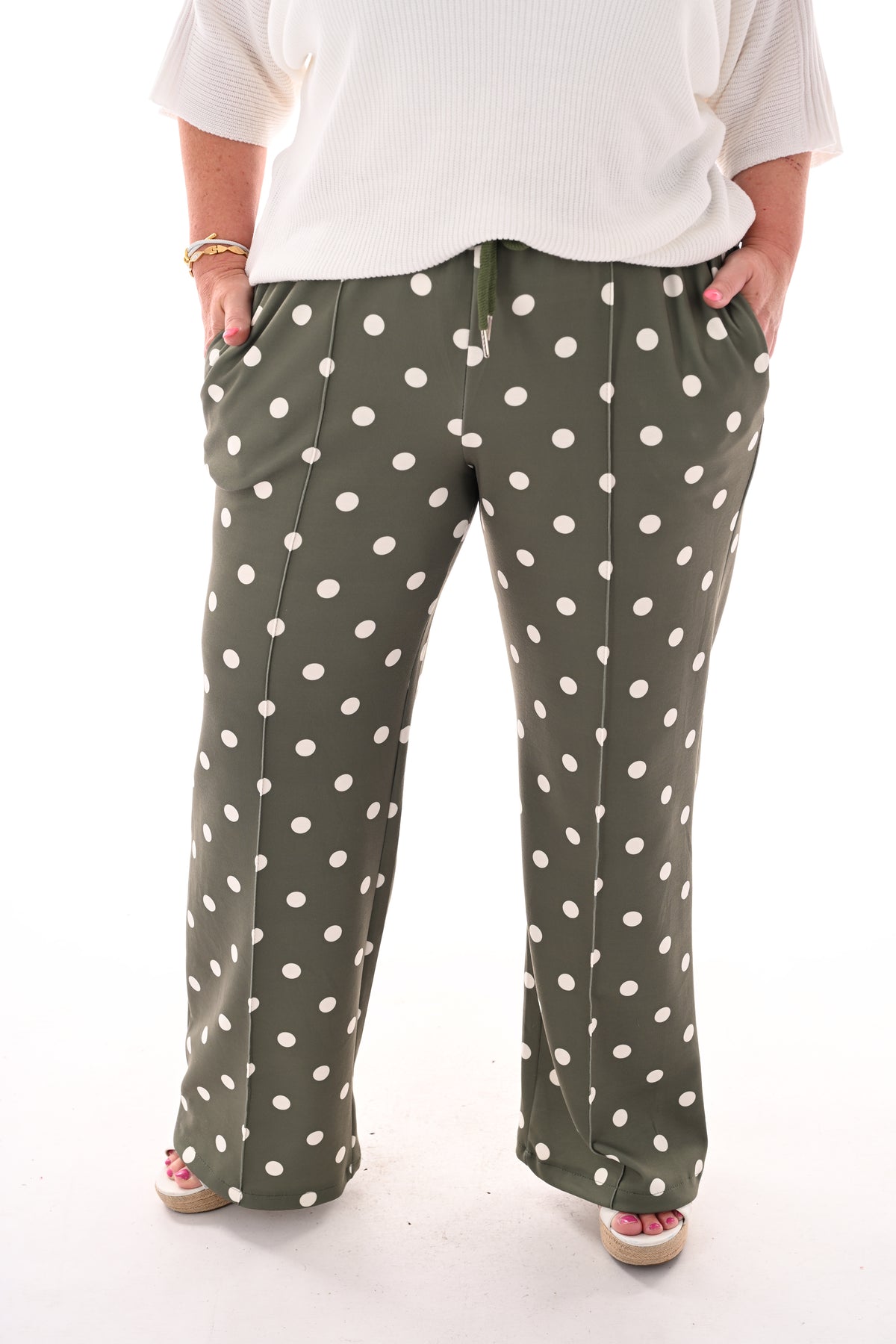 Broek stippen elastieken band legergroen