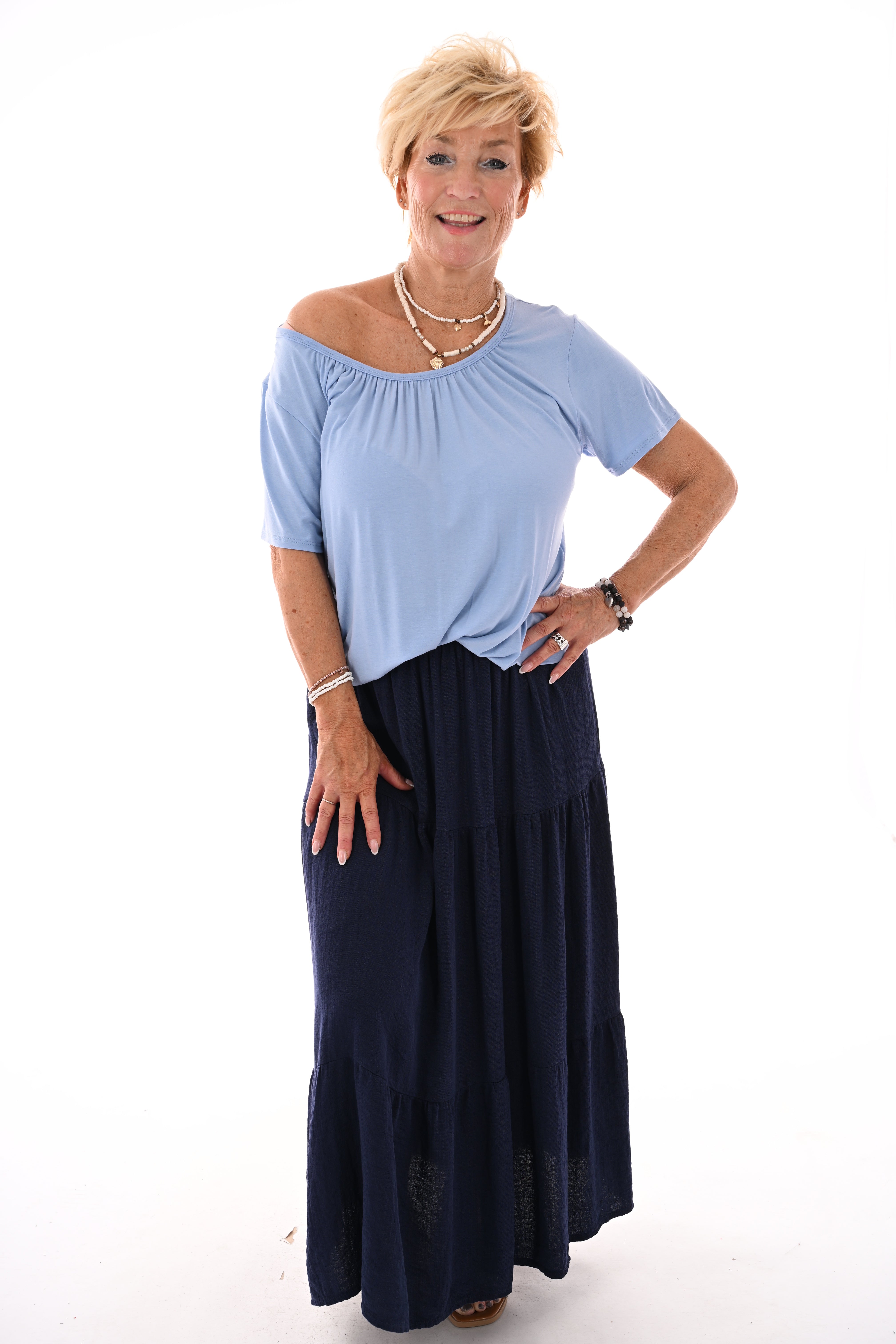 Rok elastieken band en stroken marineblauw
