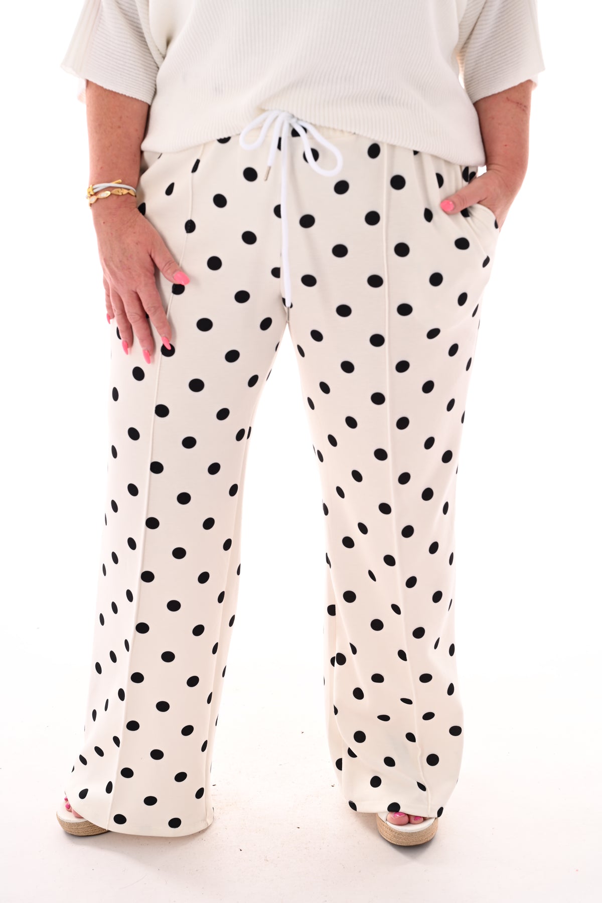 Broek stippen elastieken band roomwit