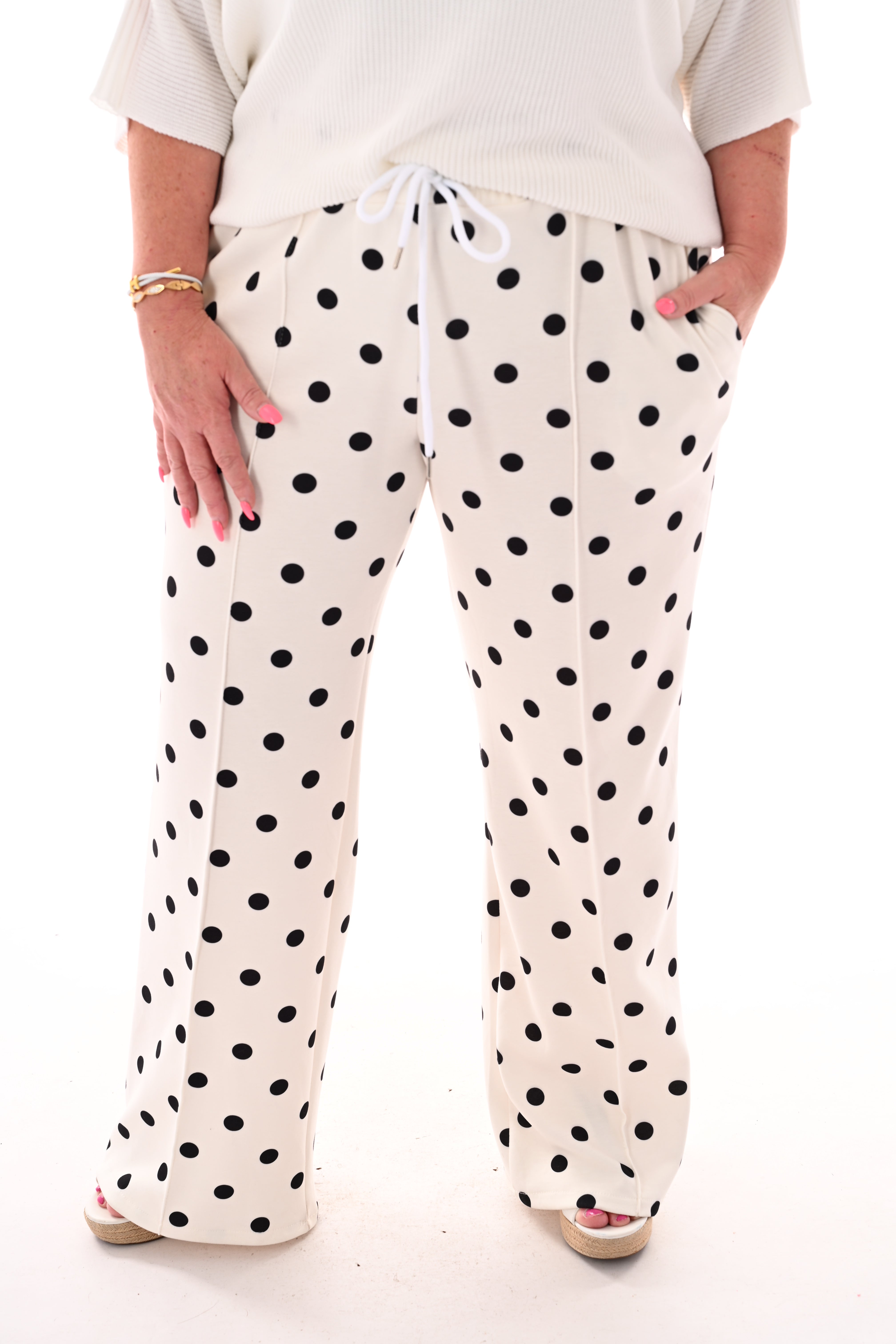 Broek stippen elastieken band roomwit
