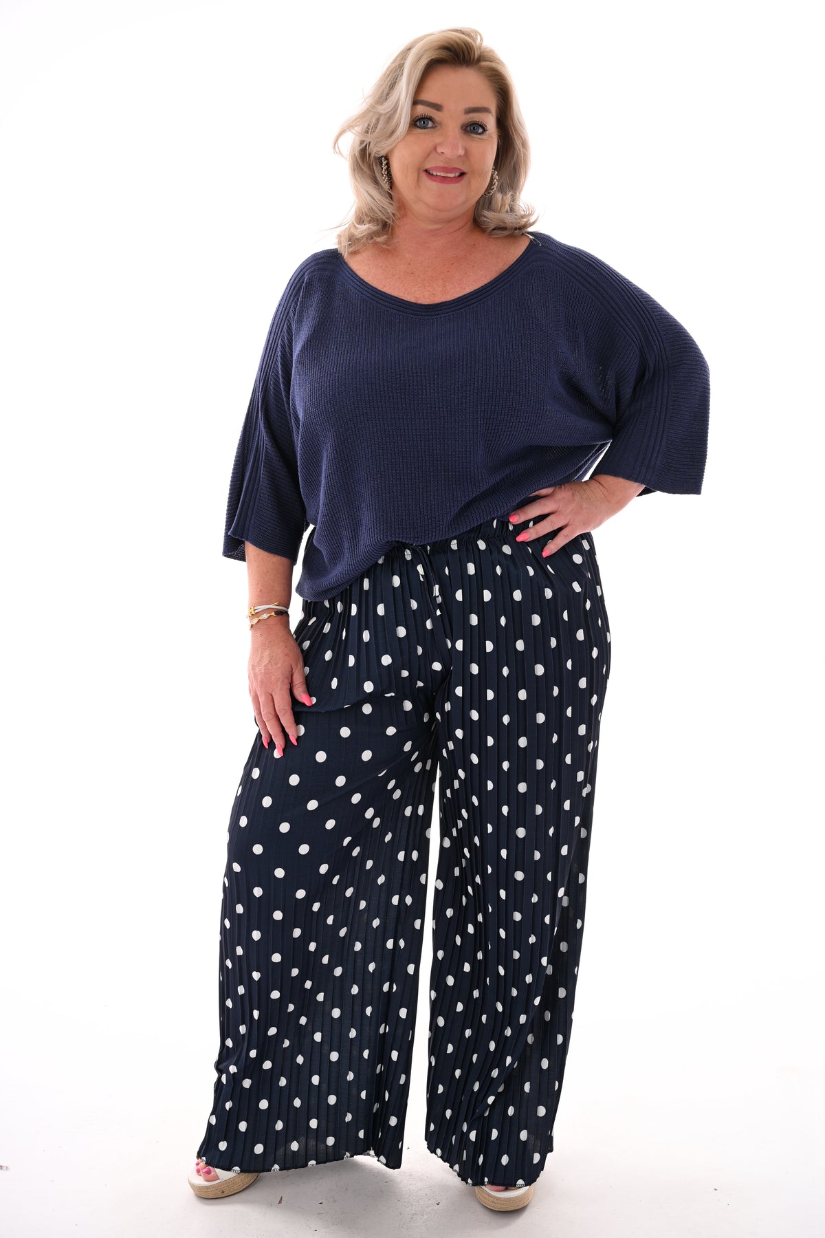 Dots plisse broek marineblauw