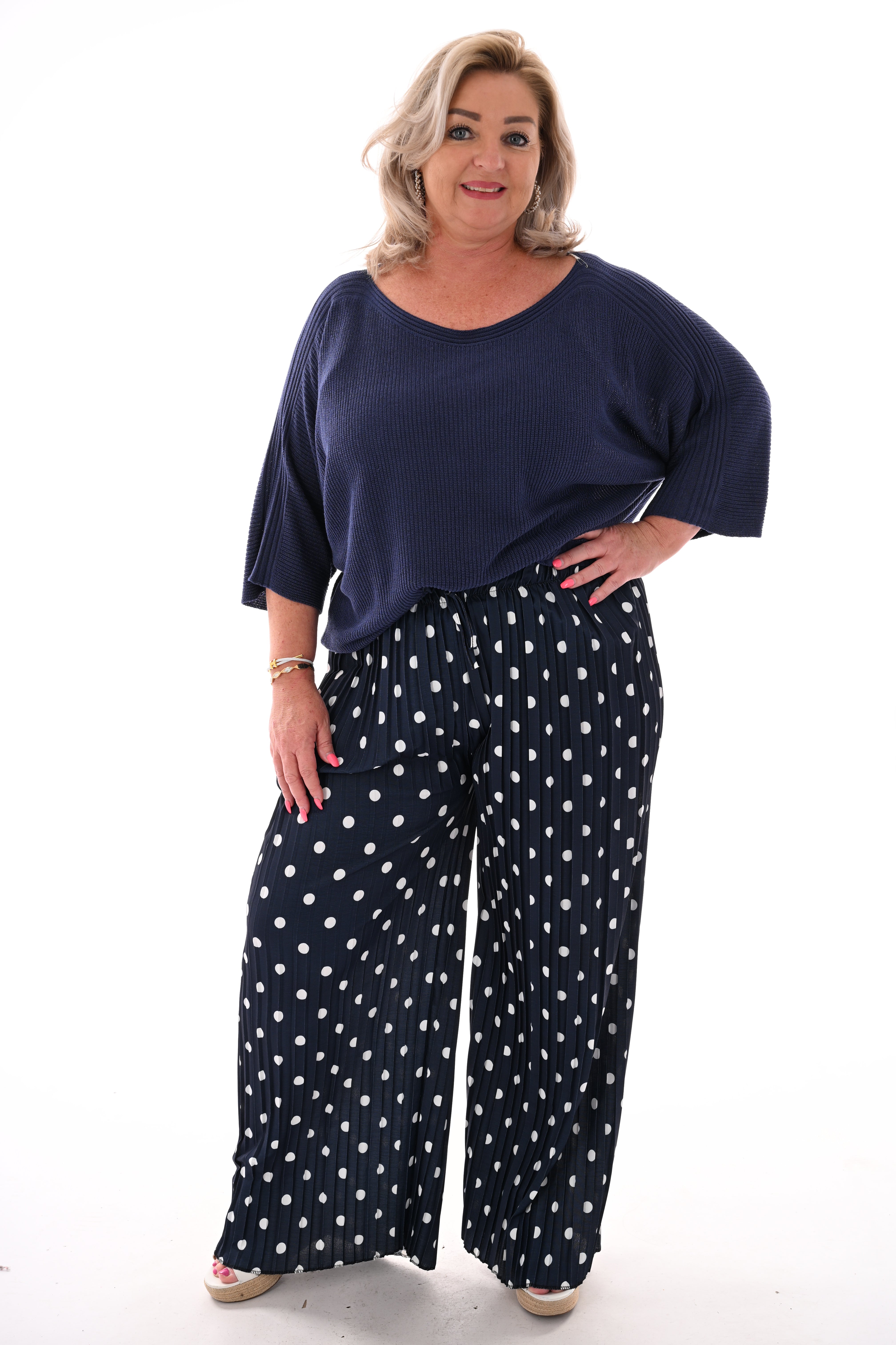 Dots plisse broek marineblauw
