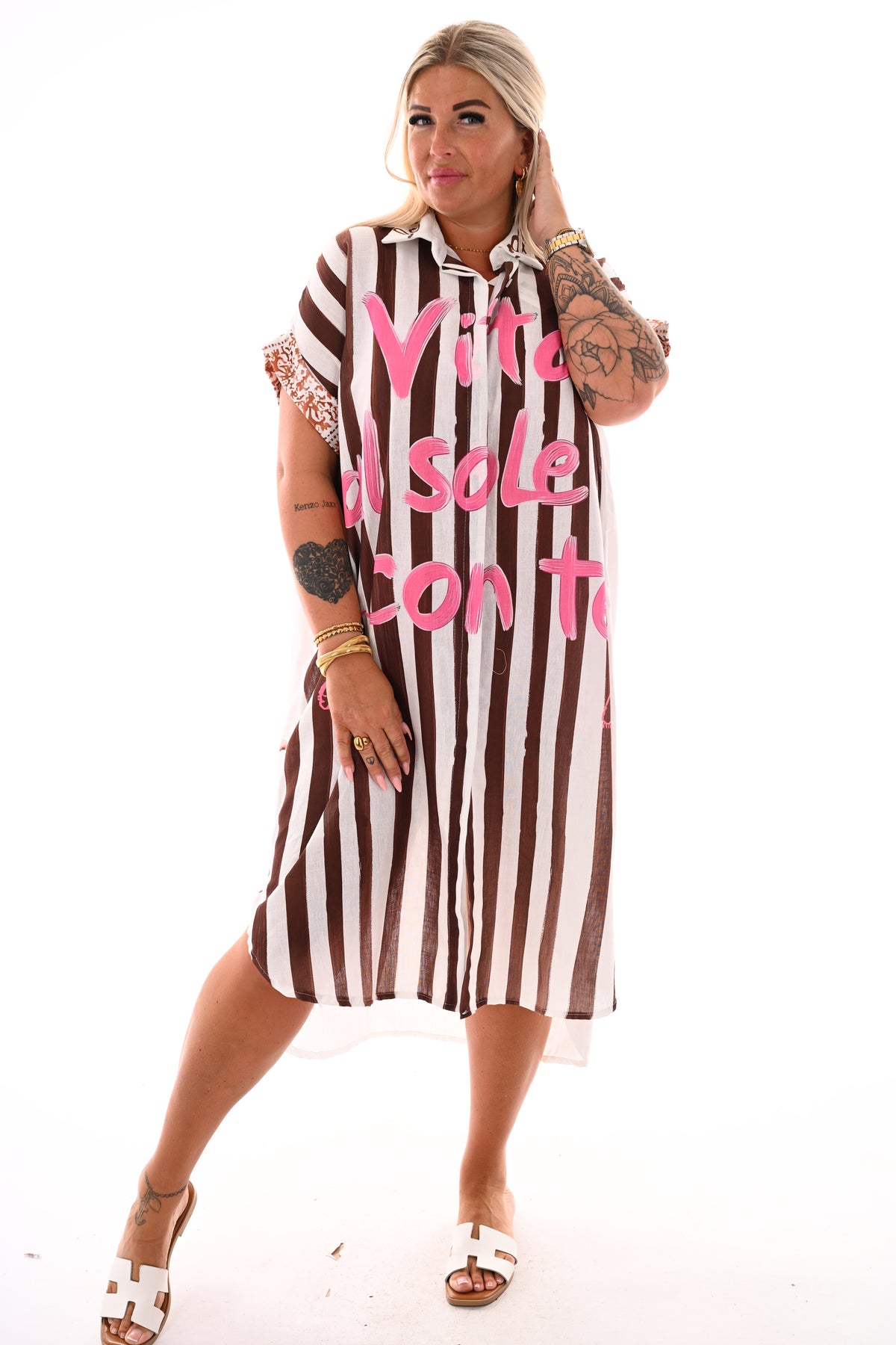 Lange blouse jurk strepen/krab bruin