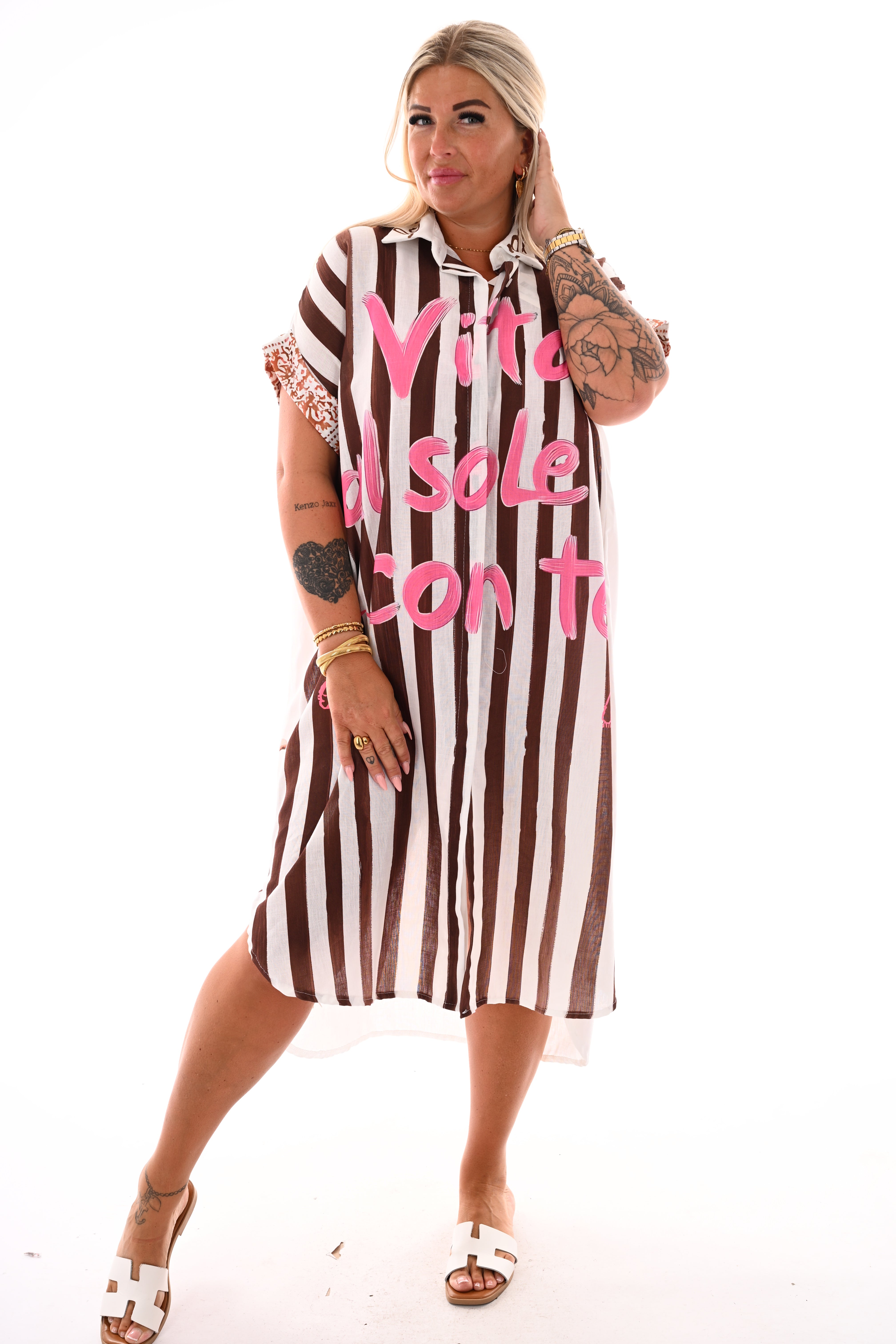 Lange blouse jurk strepen/krab bruin