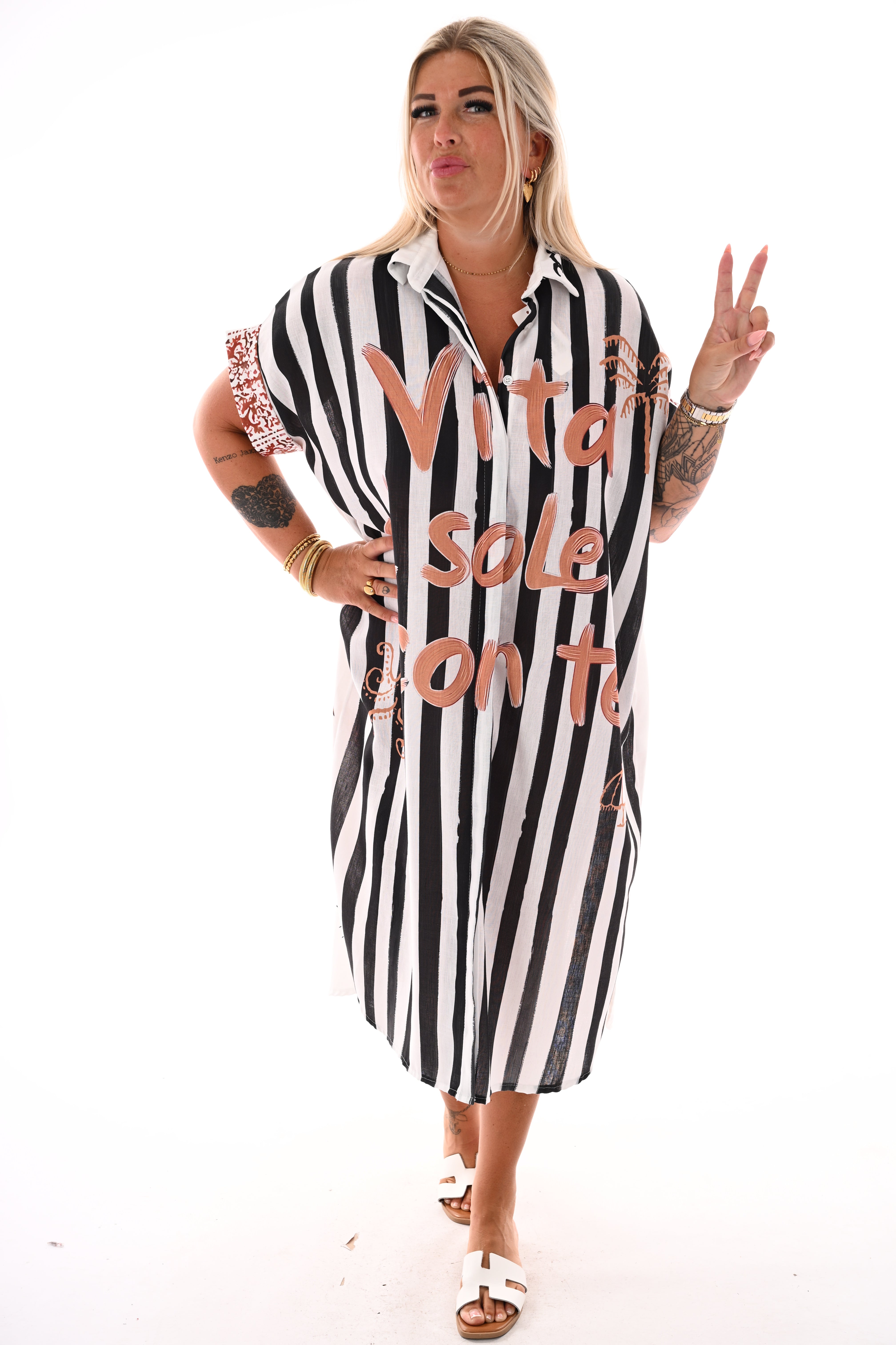 Lange blouse jurk strepen/krab zwart
