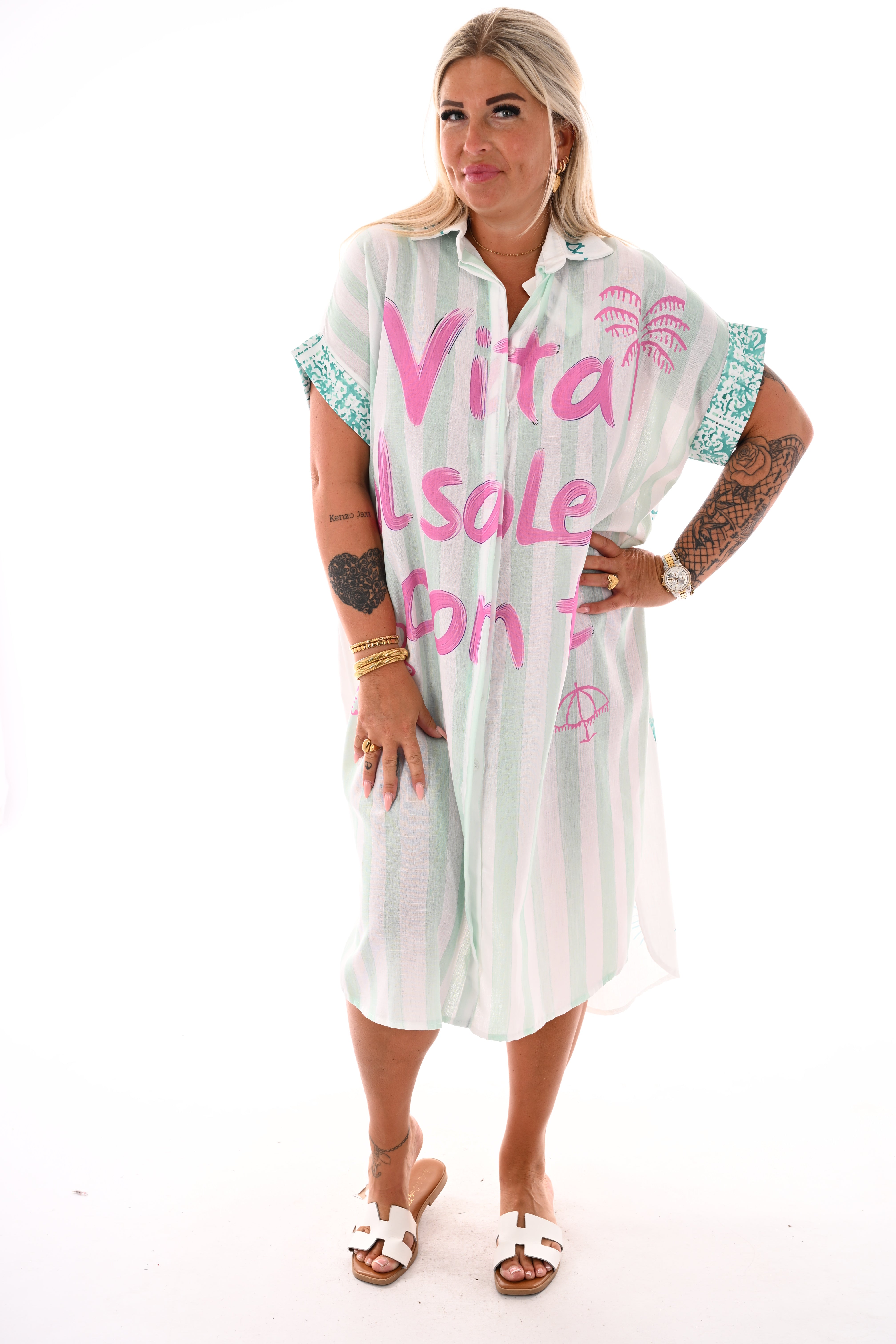 Lange blouse jurk strepen/krab mintgroen