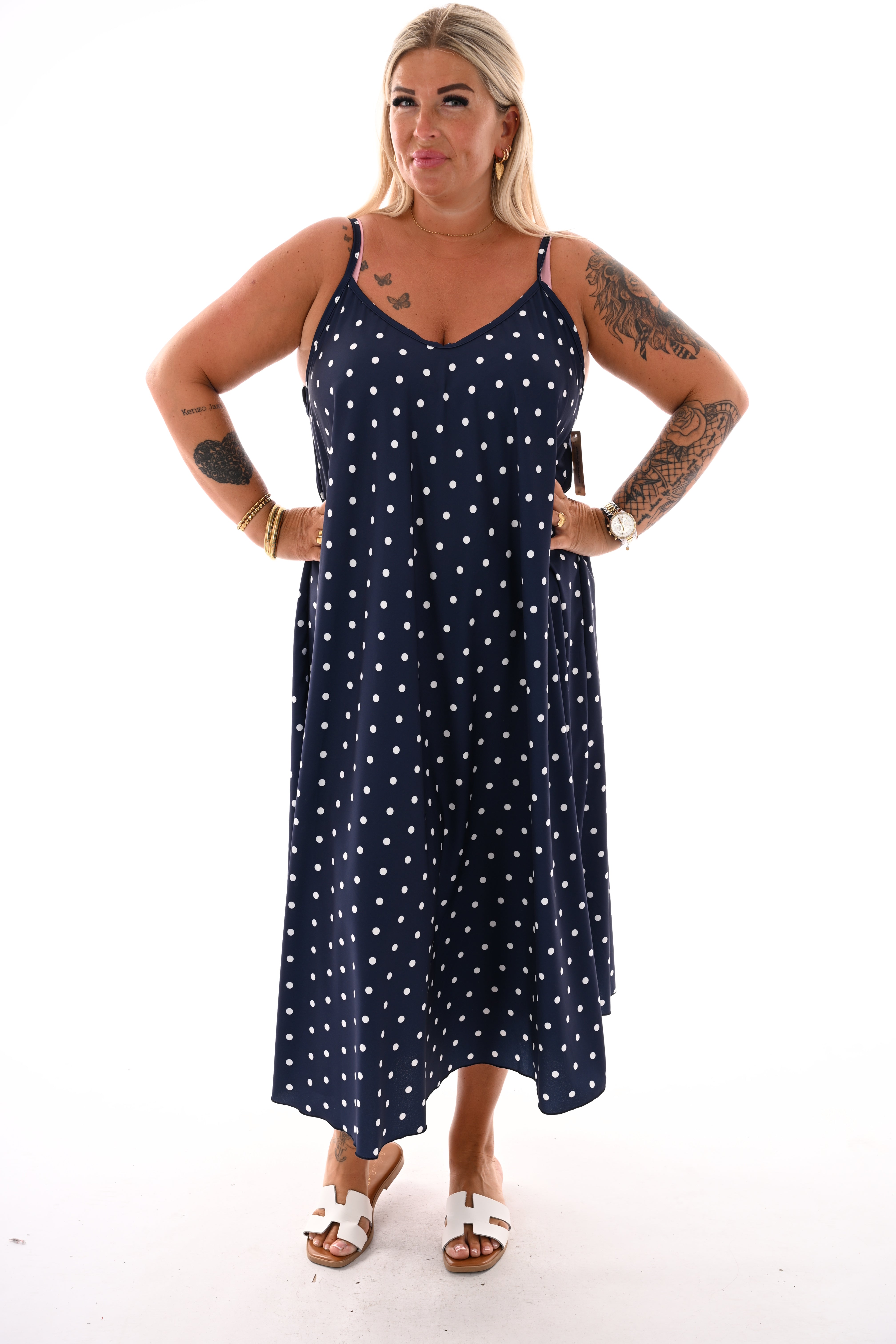 Jurk spaghetti bandjes en stippen marineblauw