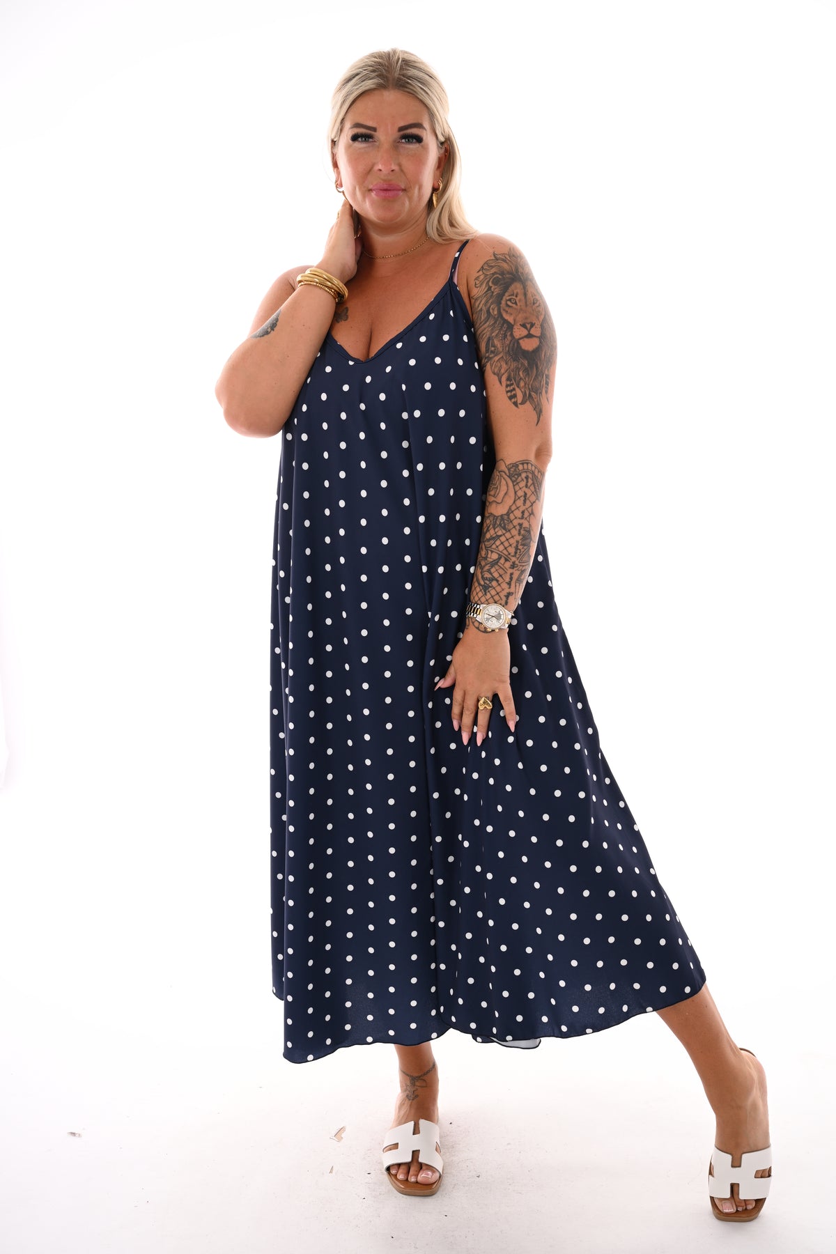 Jurk spaghetti bandjes en stippen marineblauw