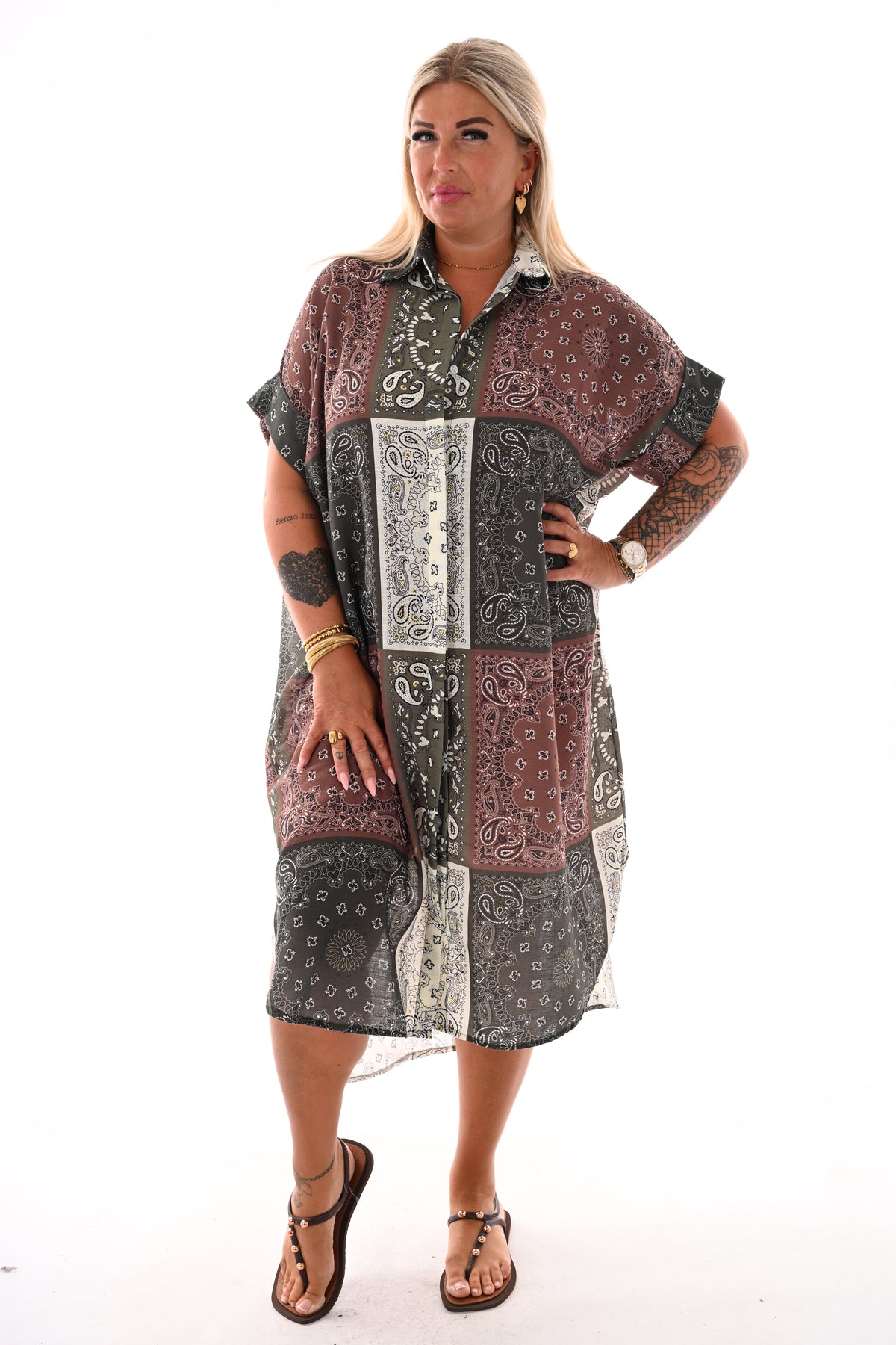 Lange doorknoop blouse paisley legergroen
