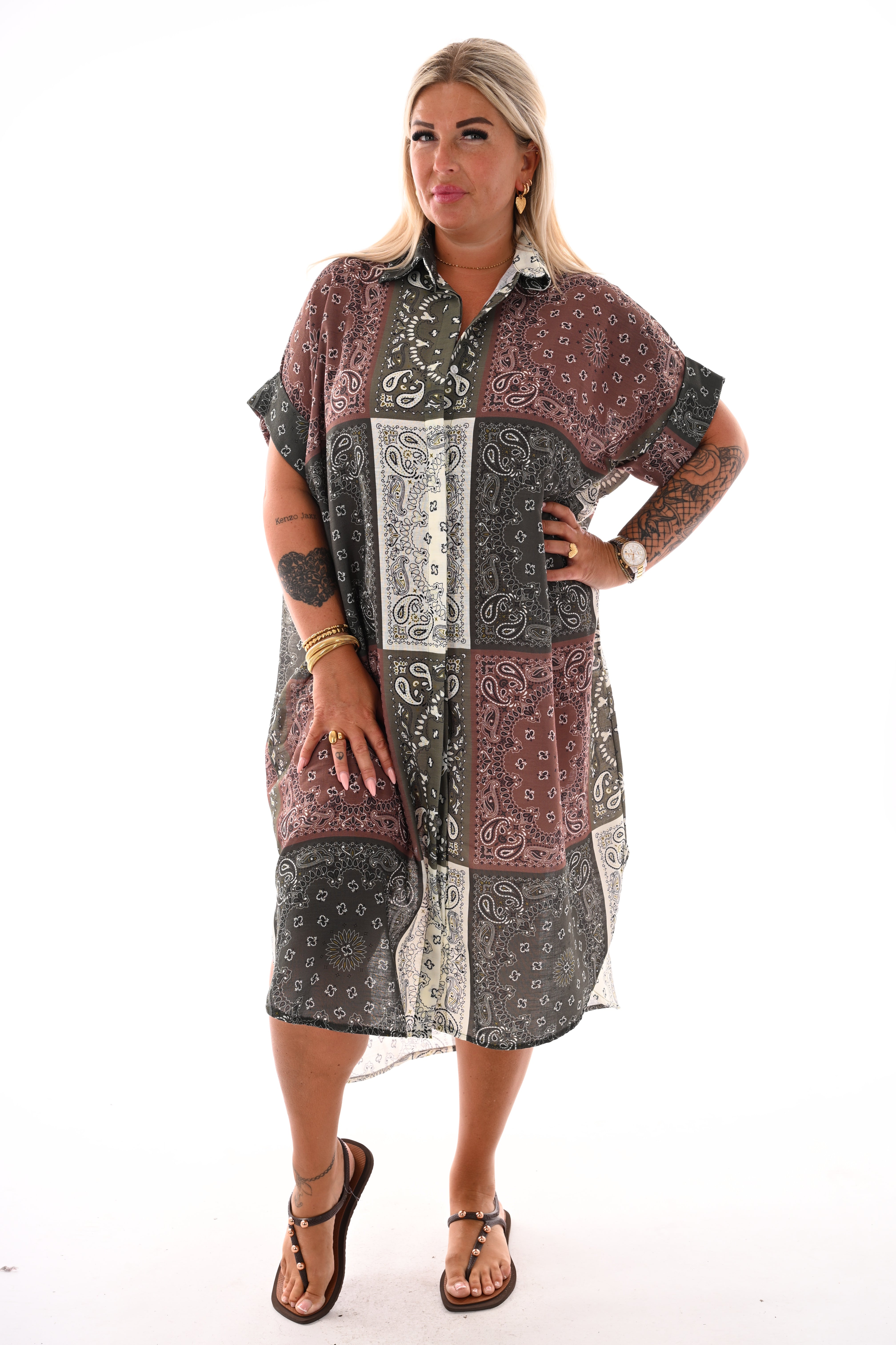 Lange doorknoop blouse paisley legergroen