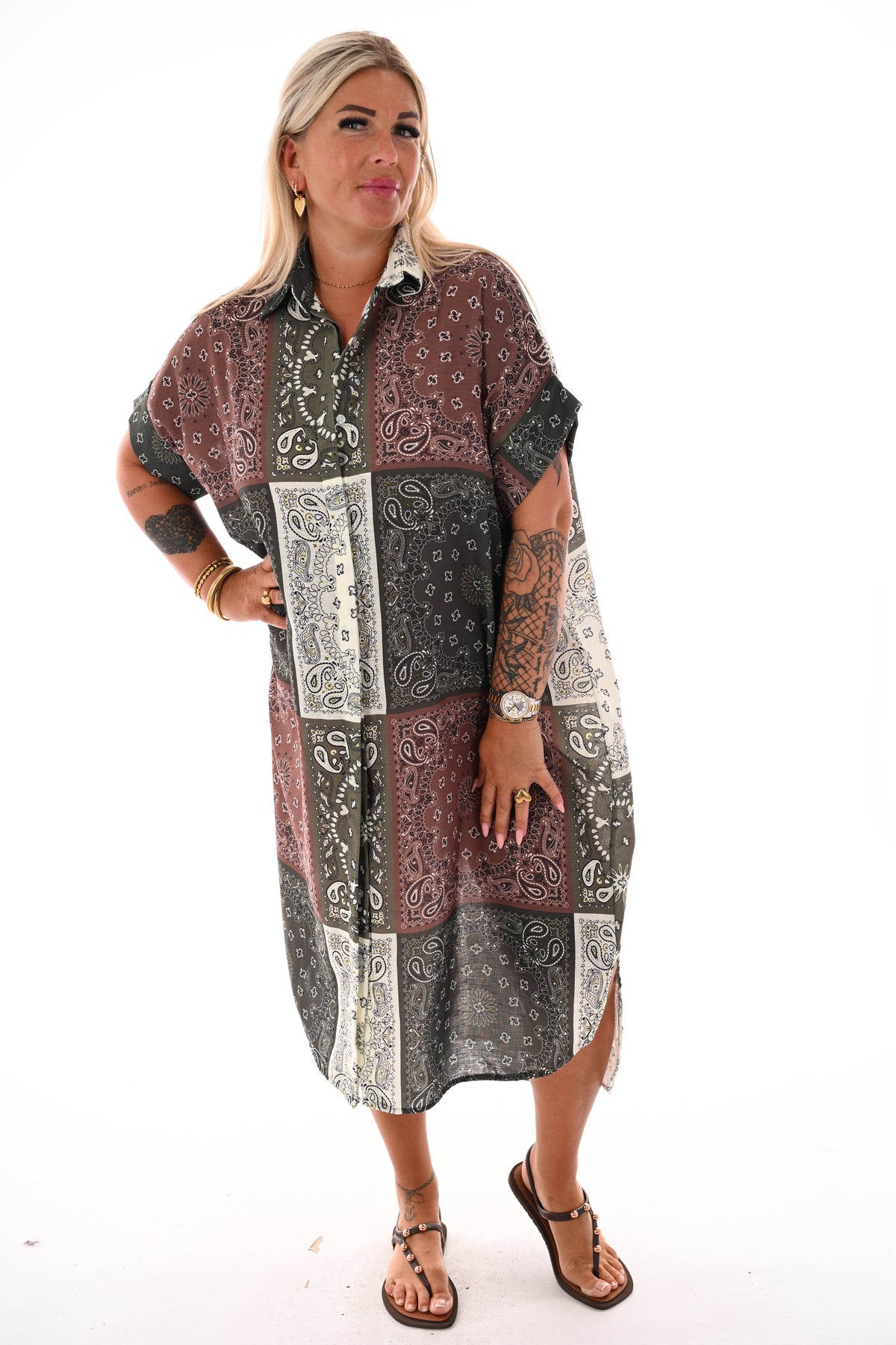 Lange doorknoop blouse paisley legergroen