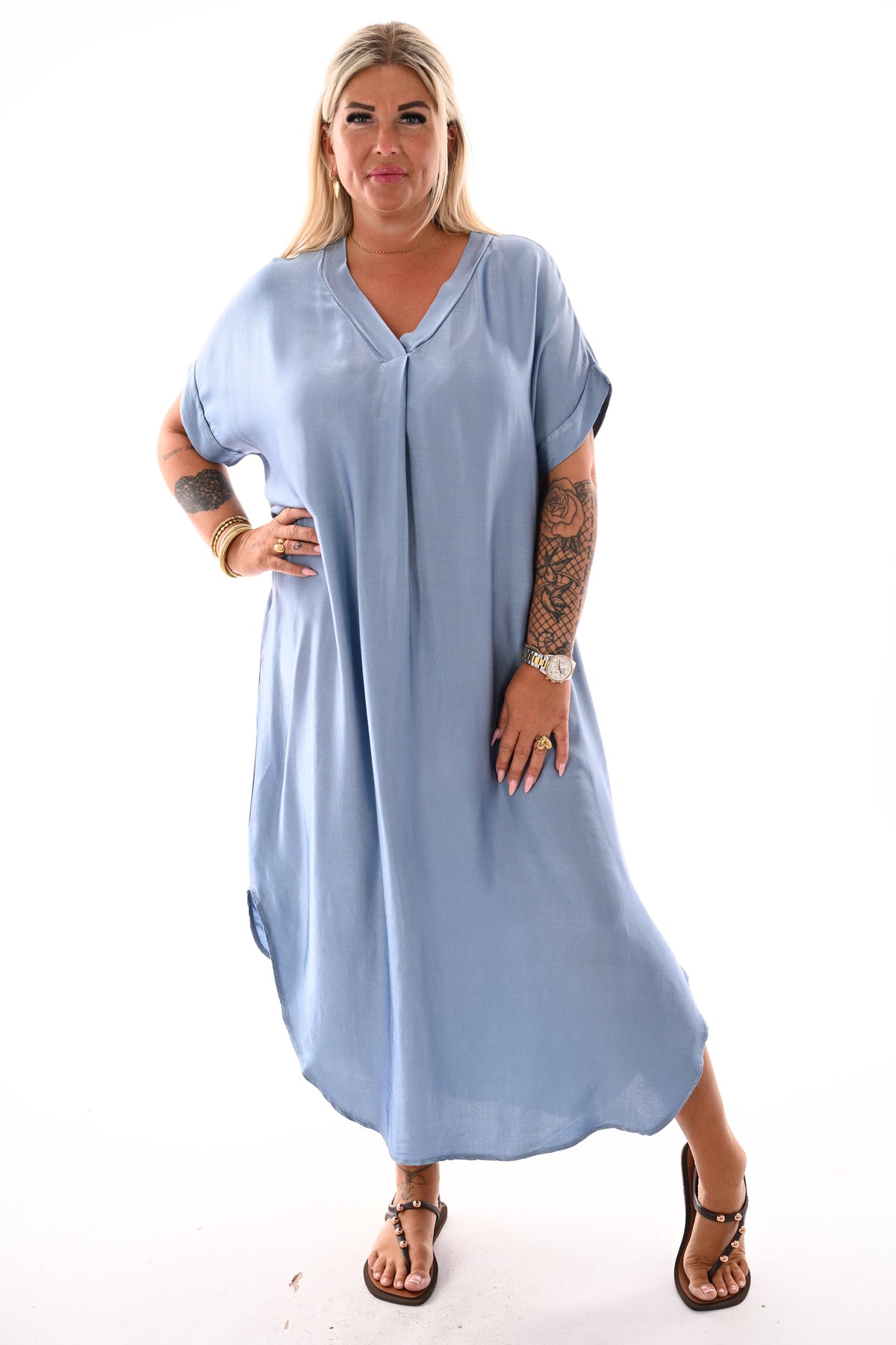 Silky jurk met v-hals jeansblauw