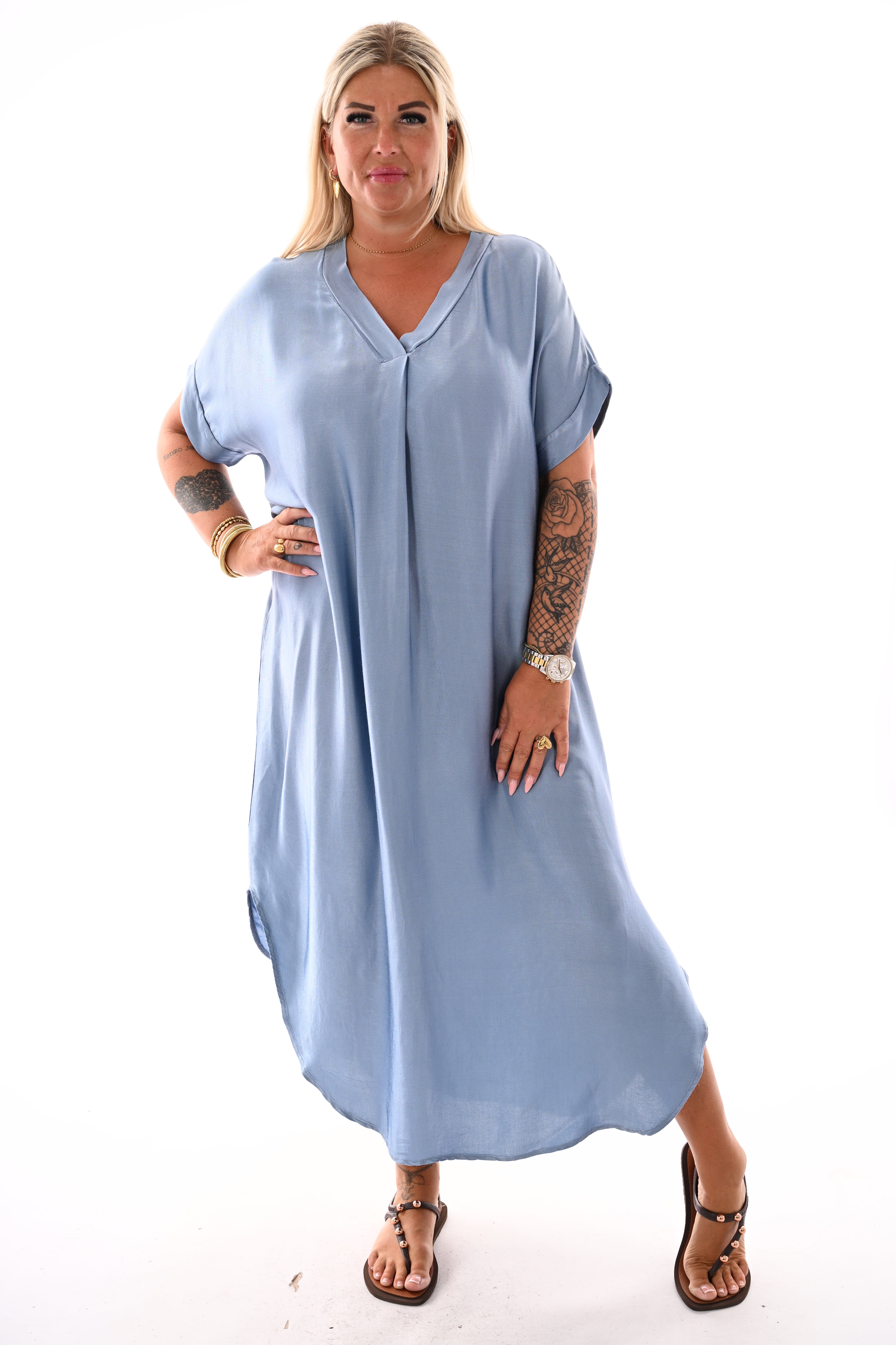 Silky jurk met v-hals jeansblauw