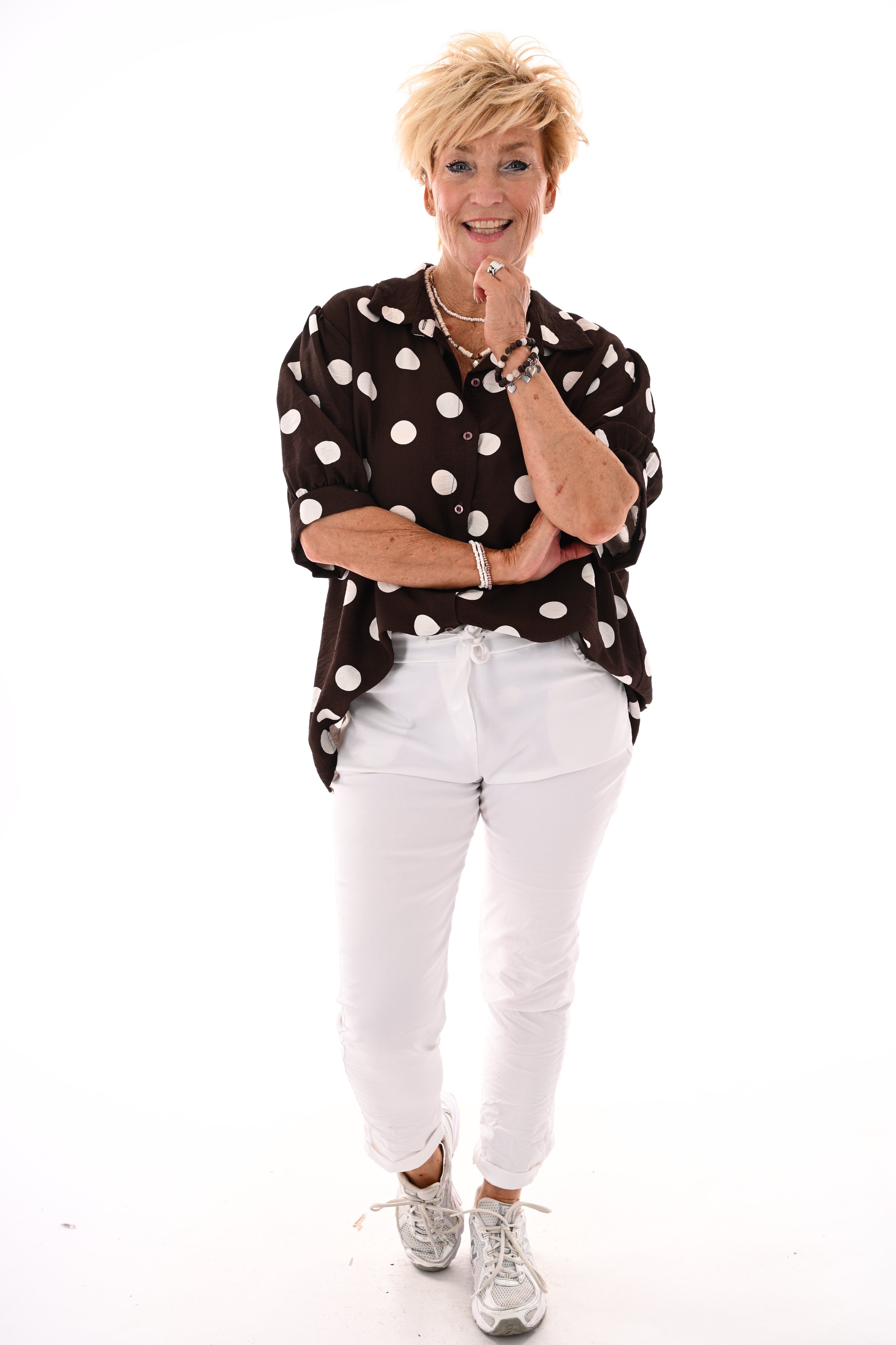 Blouse dots korte pofmouwen donkerbruin