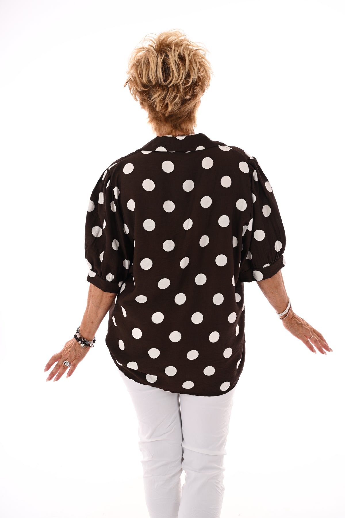 Blouse dots korte pofmouwen donkerbruin