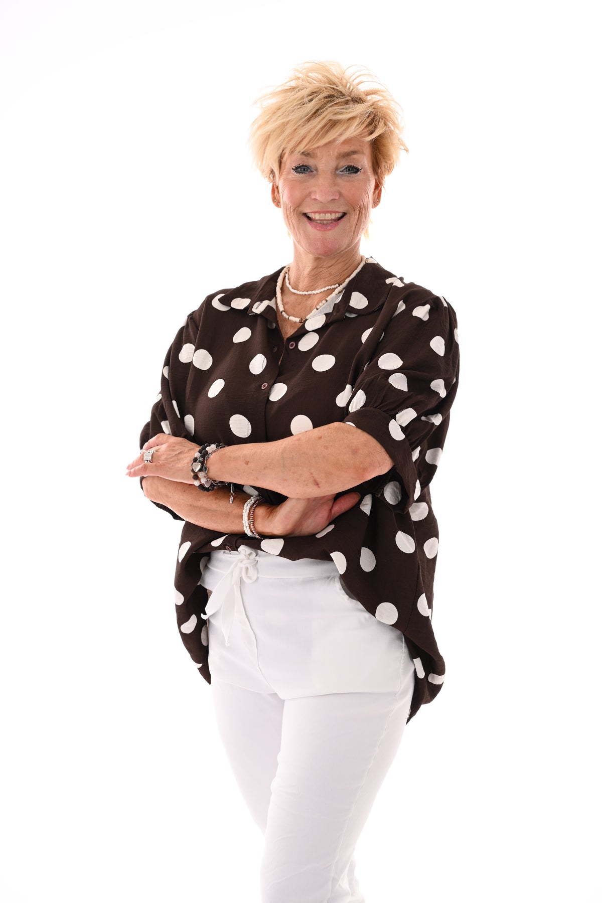 Blouse dots korte pofmouwen donkerbruin