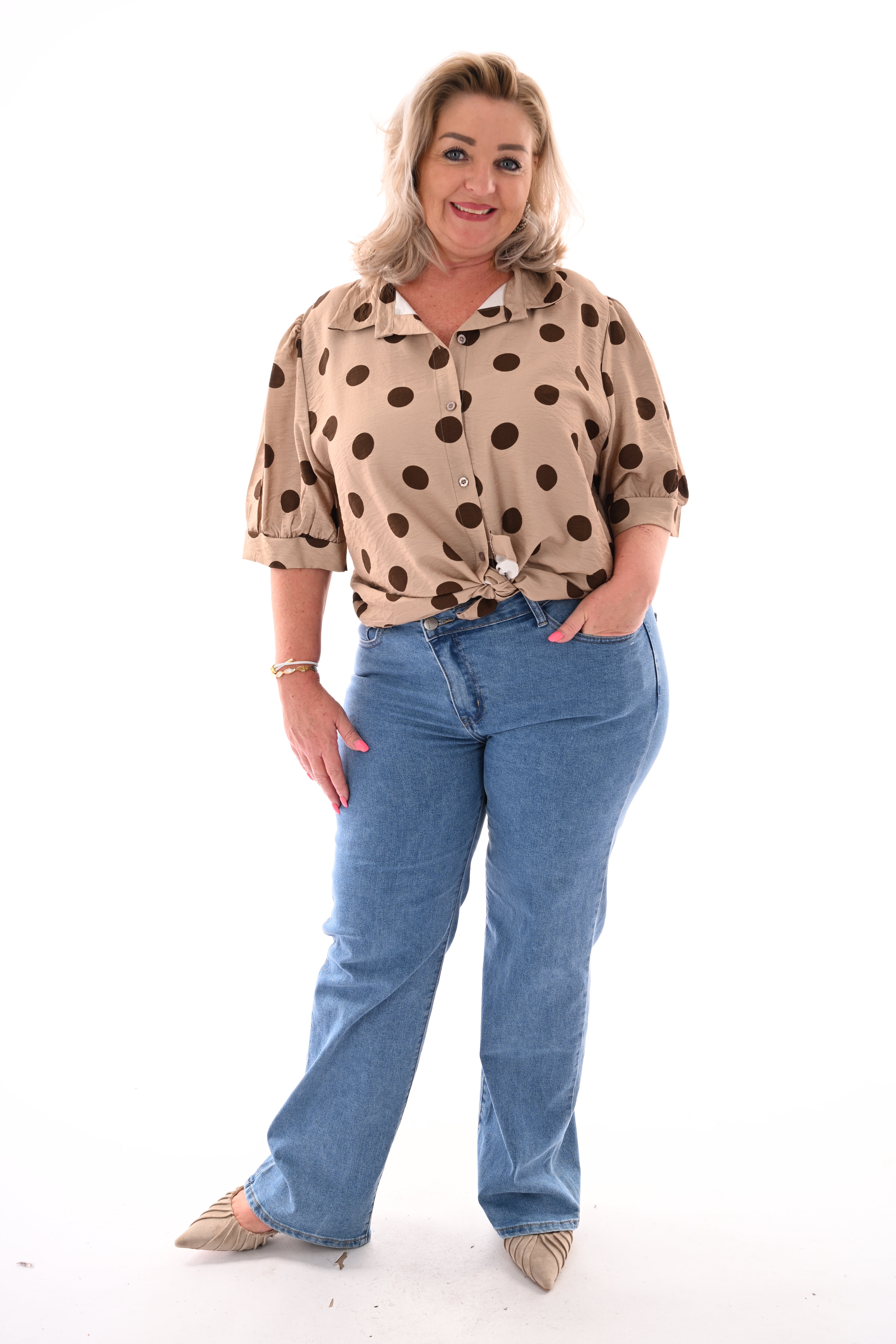 Blouse dots korte pofmouwen taupe