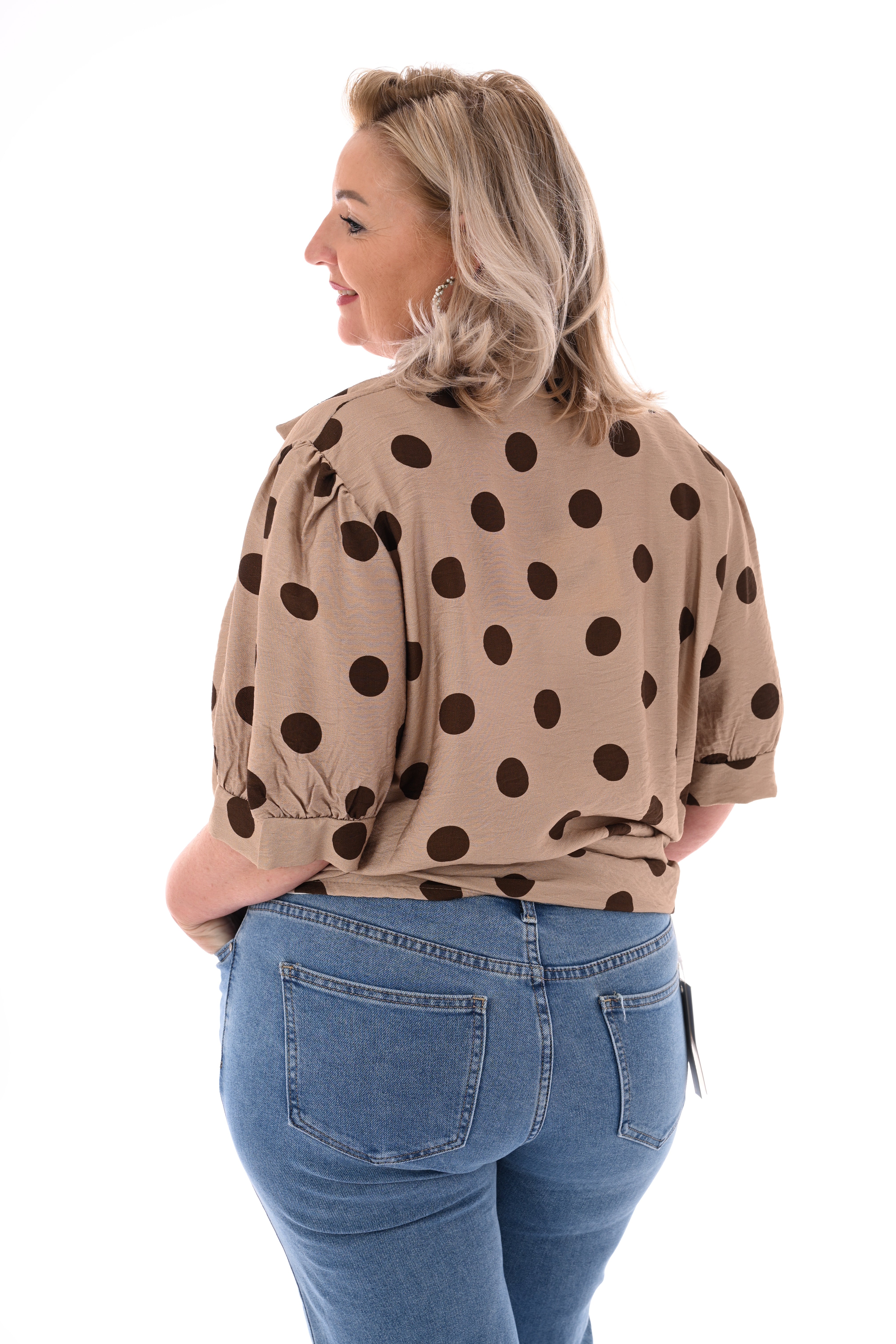 Blouse dots korte pofmouwen taupe
