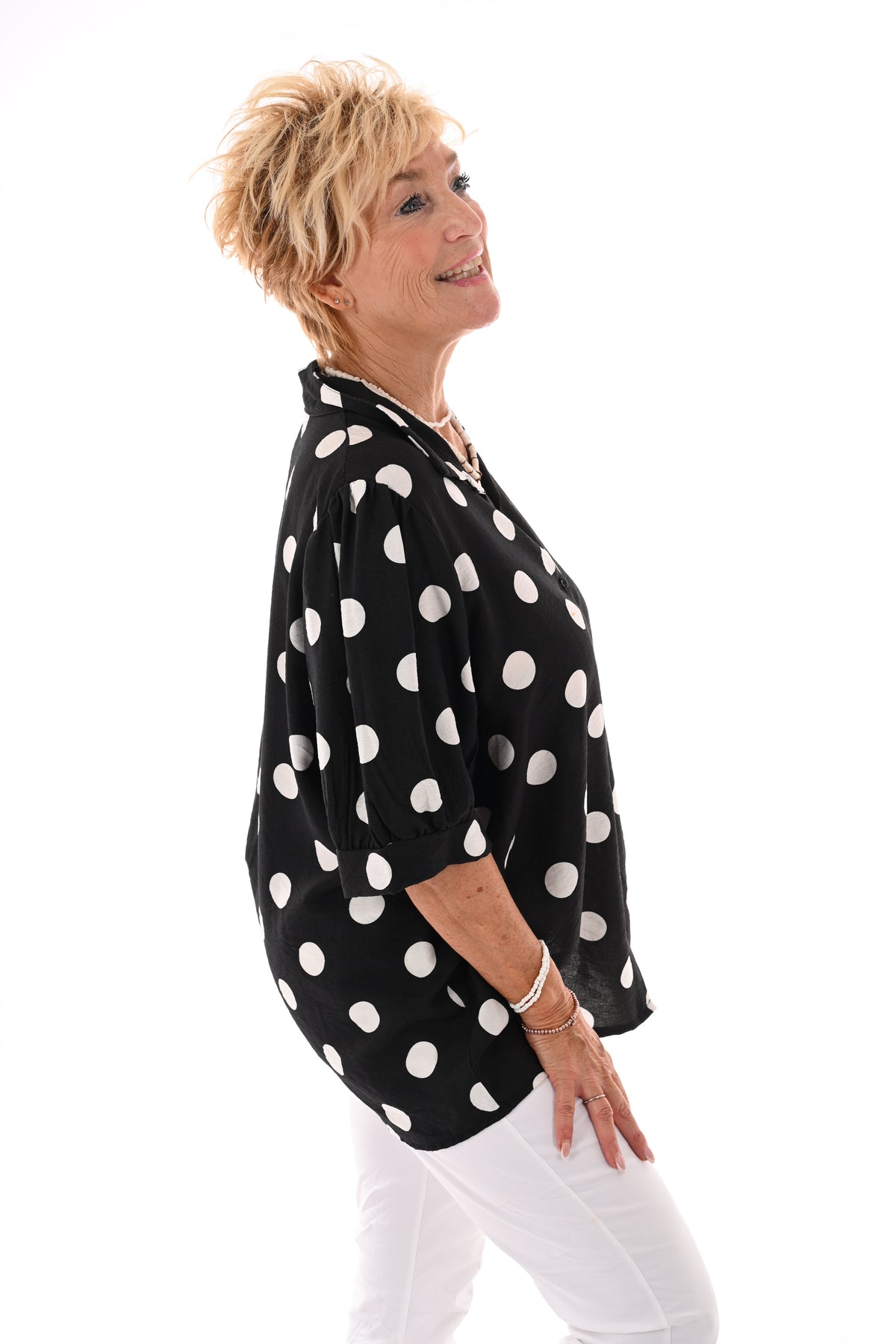 Blouse dots korte pofmouwen zwart
