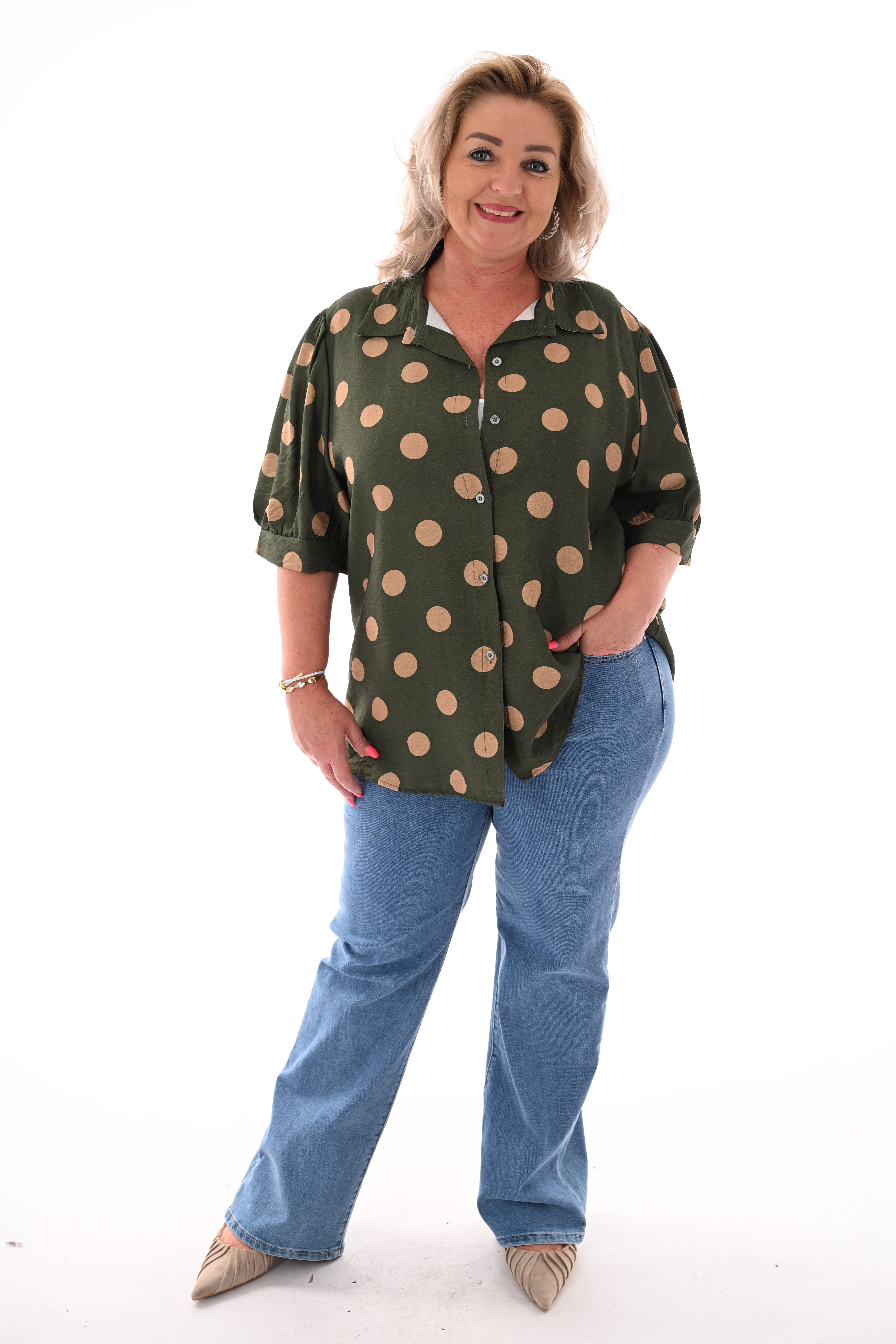 Blouse dots korte pofmouwen legergroen