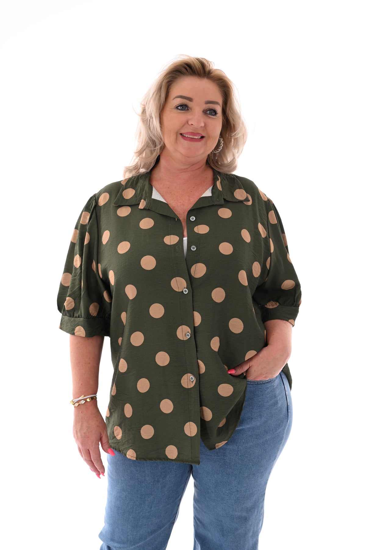 Blouse dots korte pofmouwen legergroen