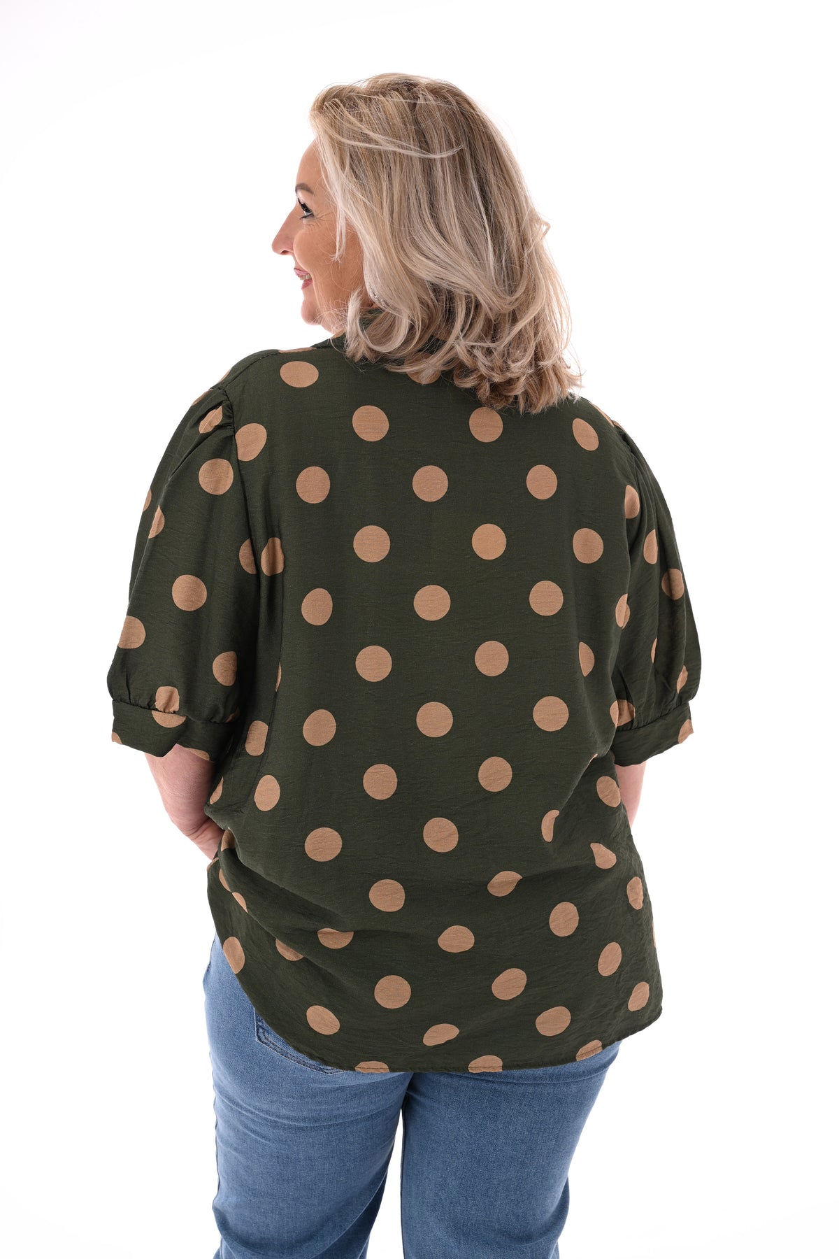 Blouse dots korte pofmouwen legergroen
