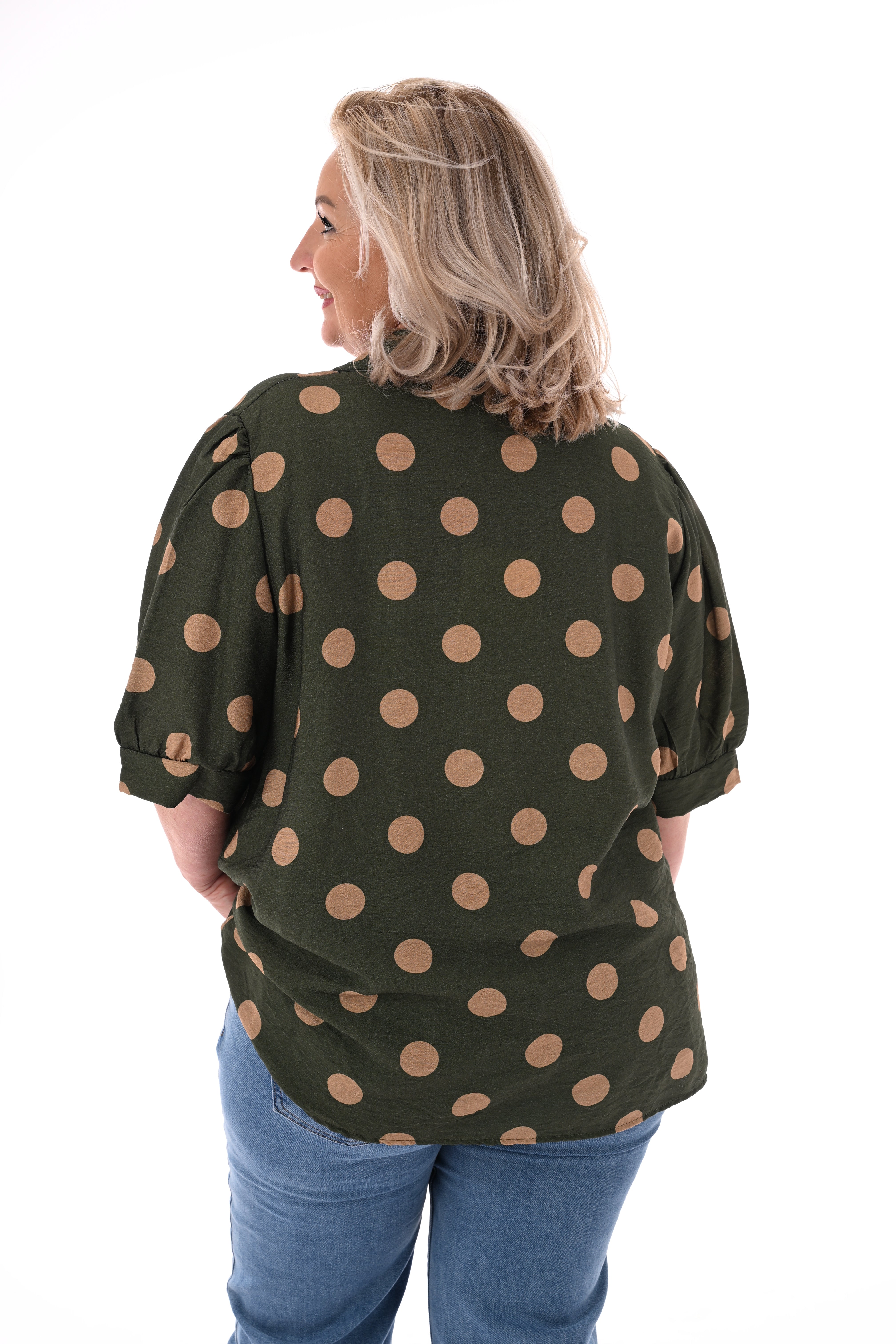 Blouse dots korte pofmouwen legergroen