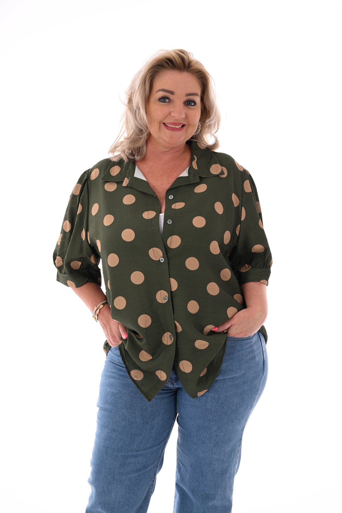 Blouse dots korte pofmouwen legergroen