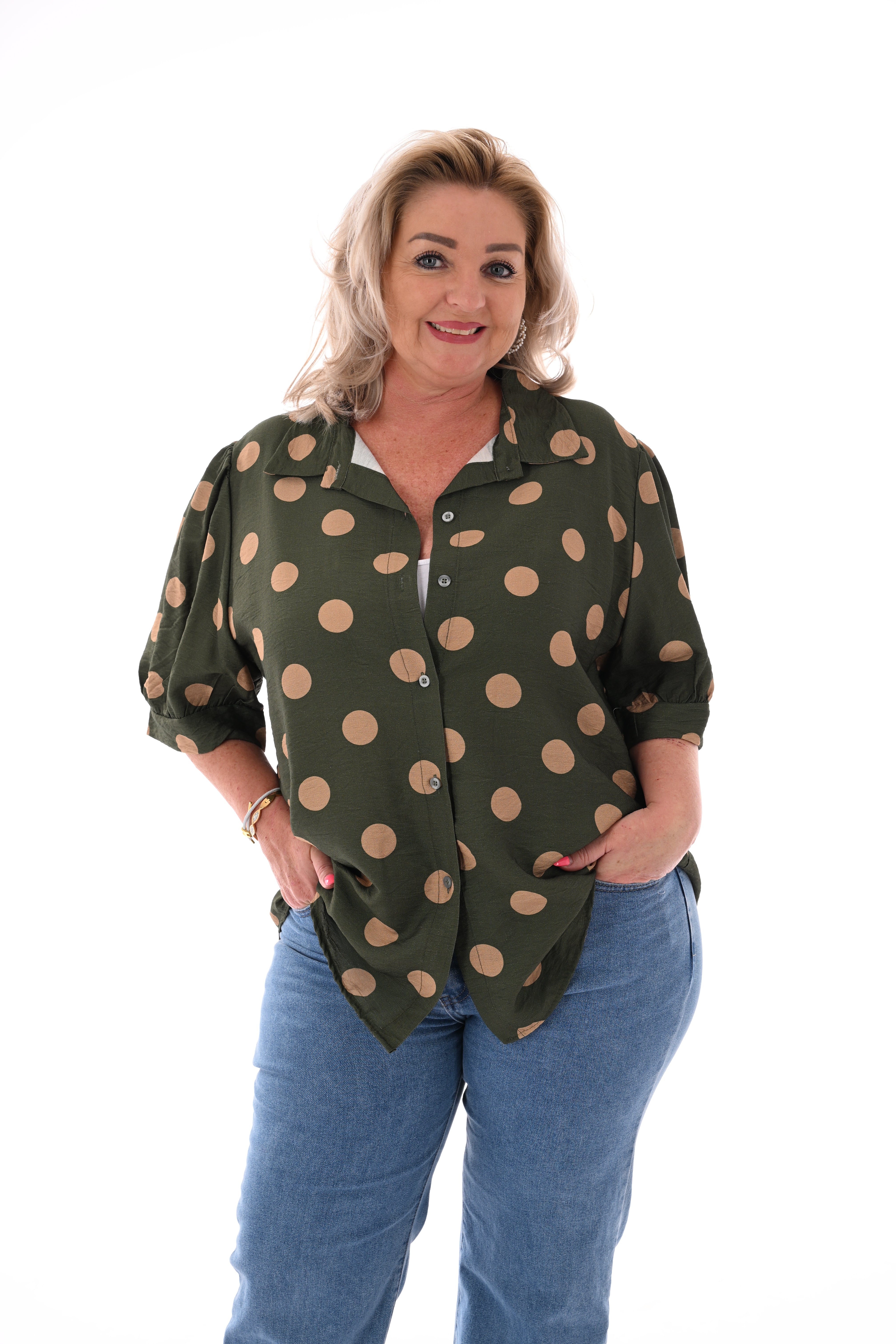 Blouse dots korte pofmouwen legergroen