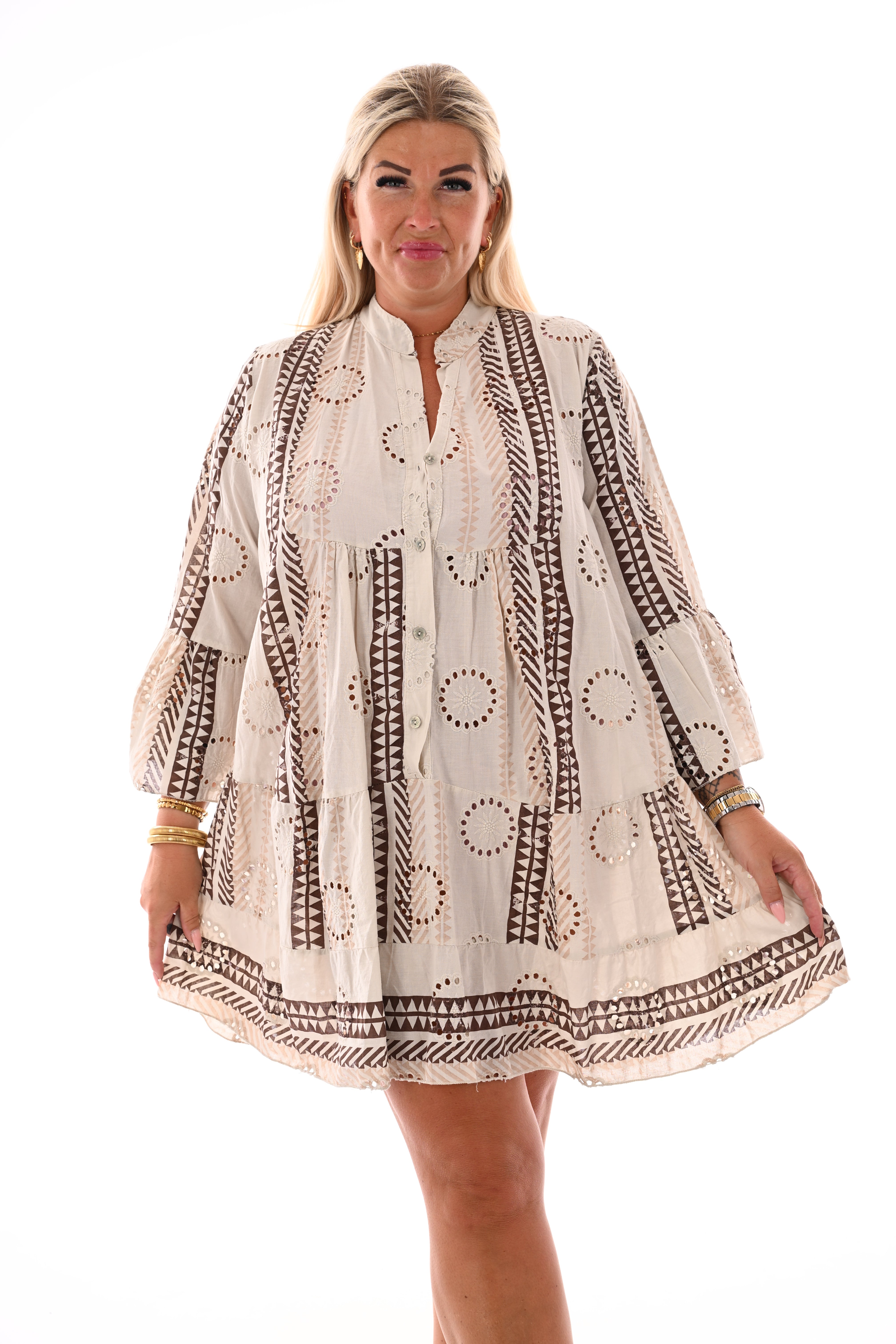 Tuniek broderie bloemen met v-hals beige/bruin