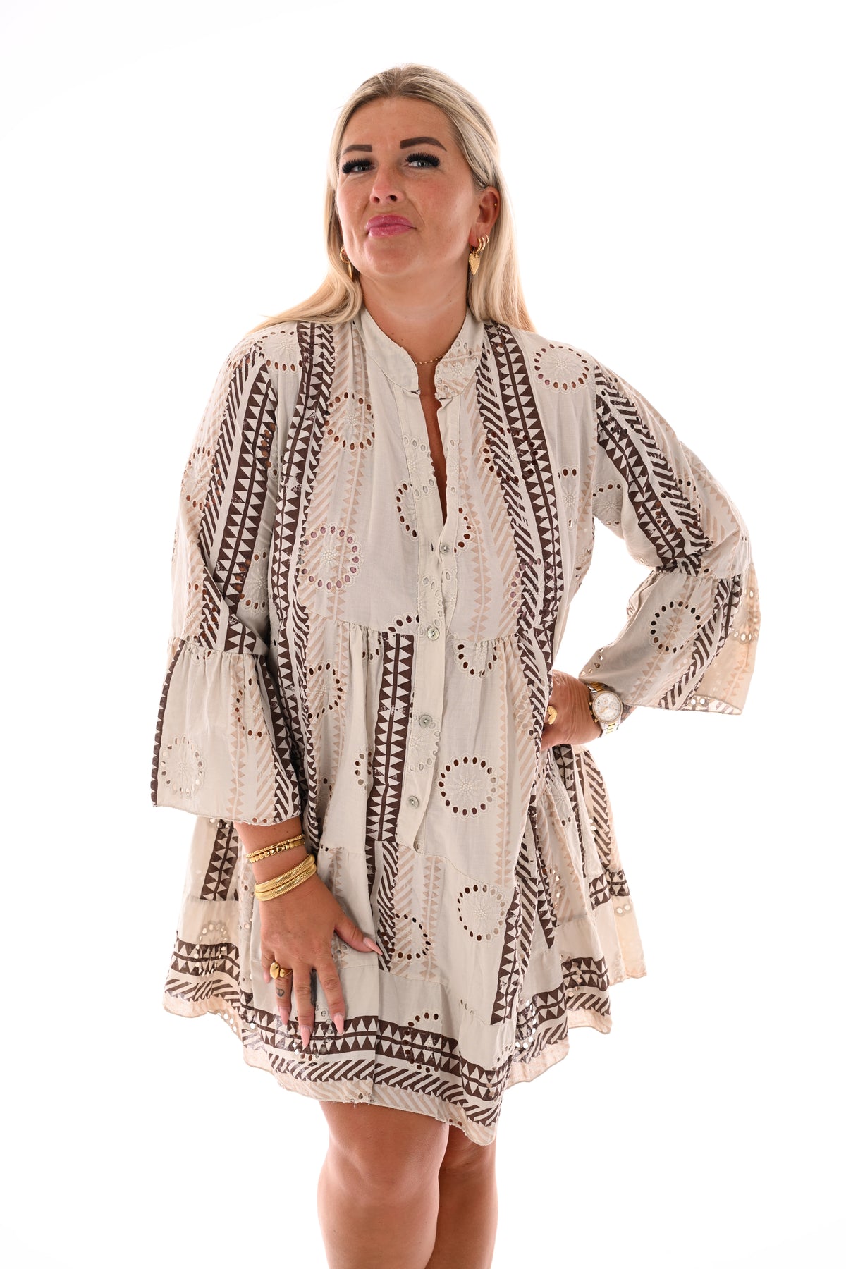 Tuniek broderie bloemen met v-hals beige/bruin