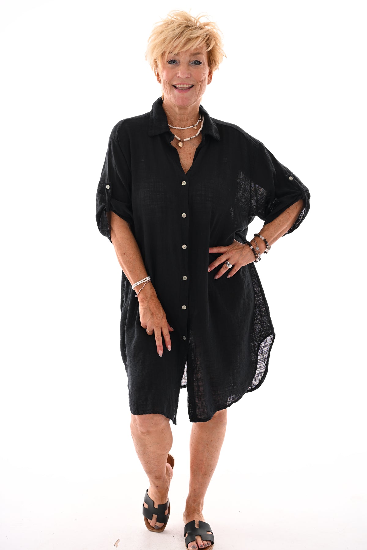 Lange blouse ophaalmouwen uni zwart