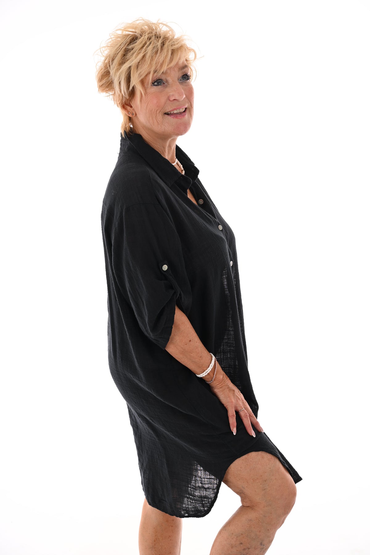 Lange blouse ophaalmouwen uni zwart