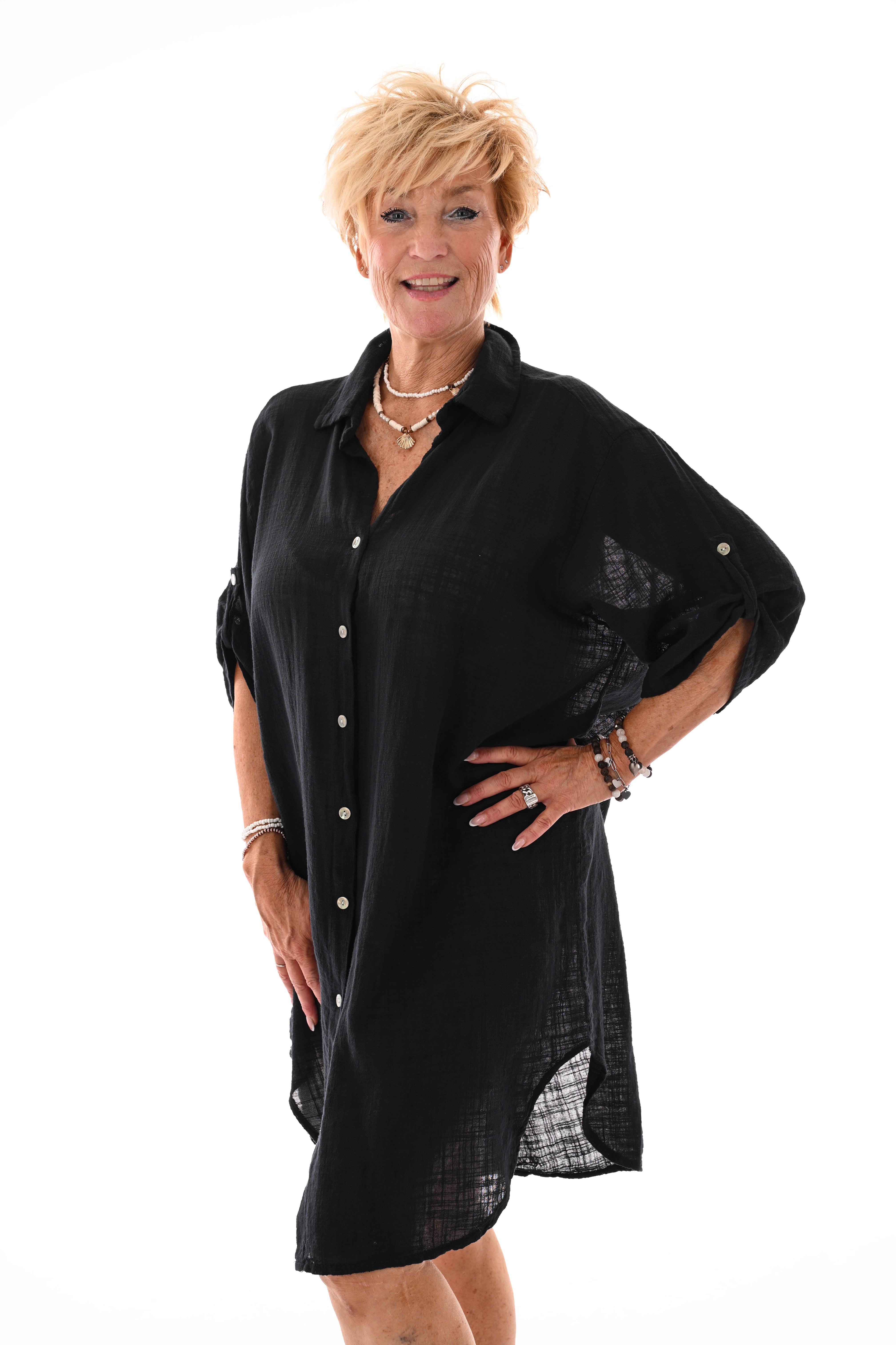 Lange blouse ophaalmouwen uni zwart