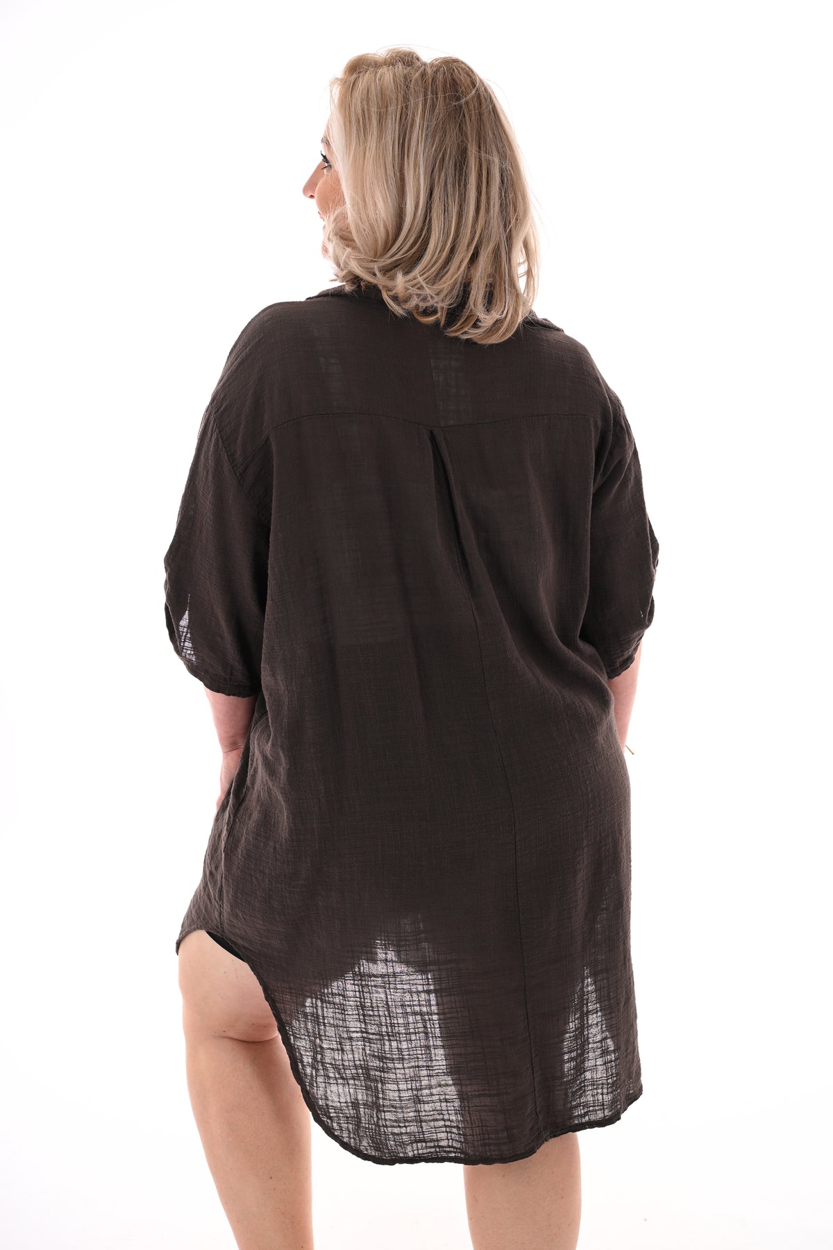 Lange blouse ophaalmouwen uni donkerbruin