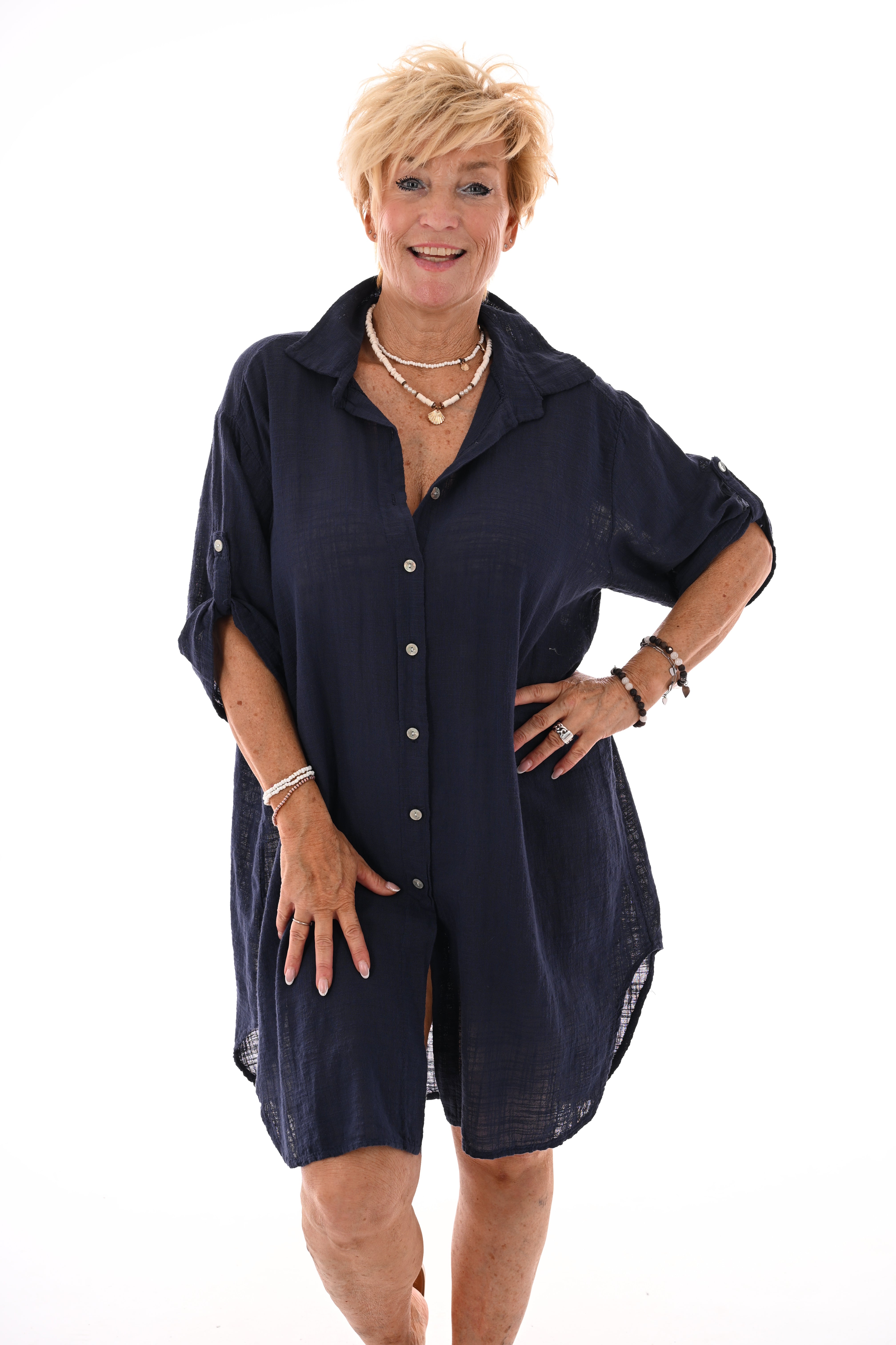 Lange blouse ophaalmouwen uni marineblauw