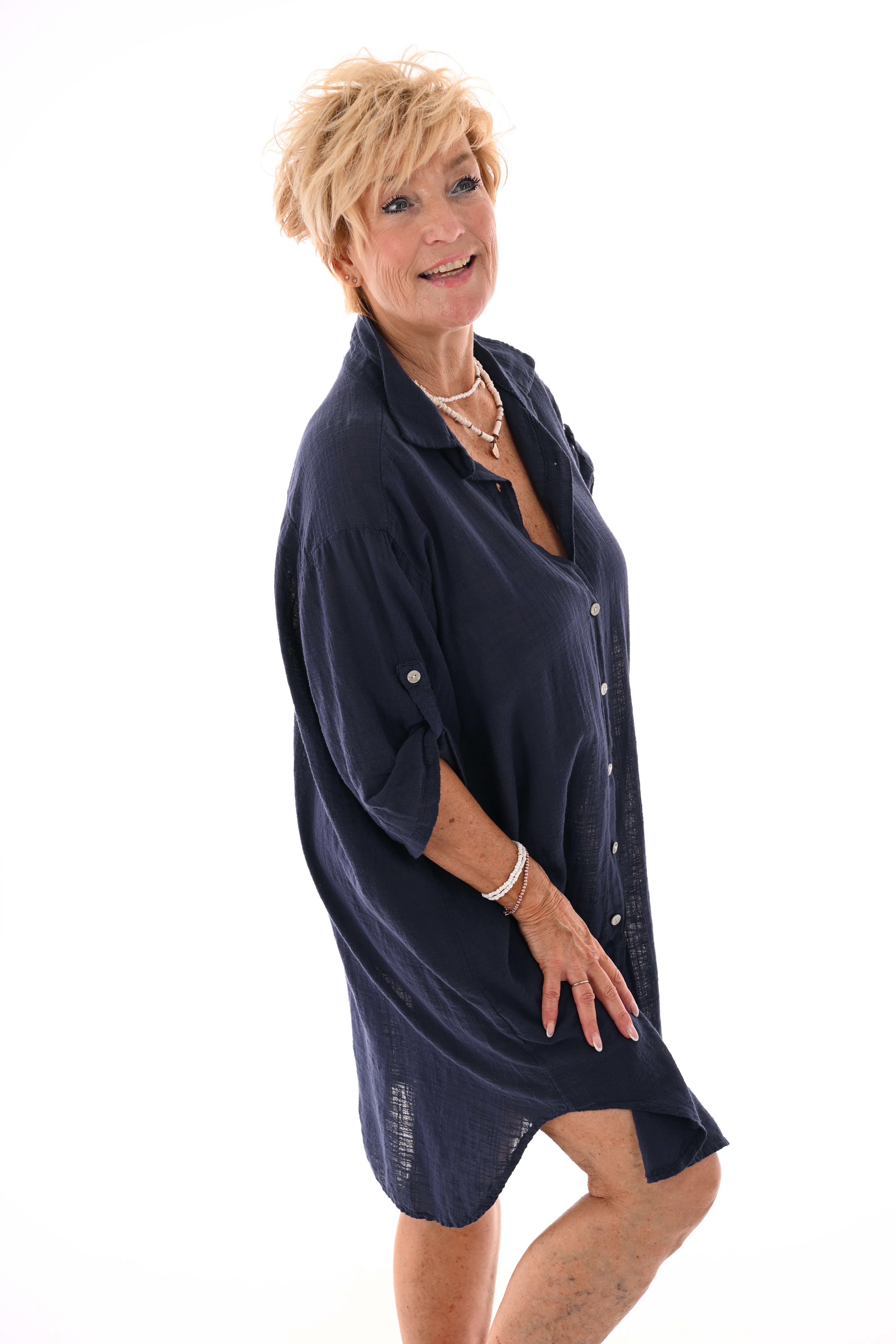 Lange blouse ophaalmouwen uni marineblauw