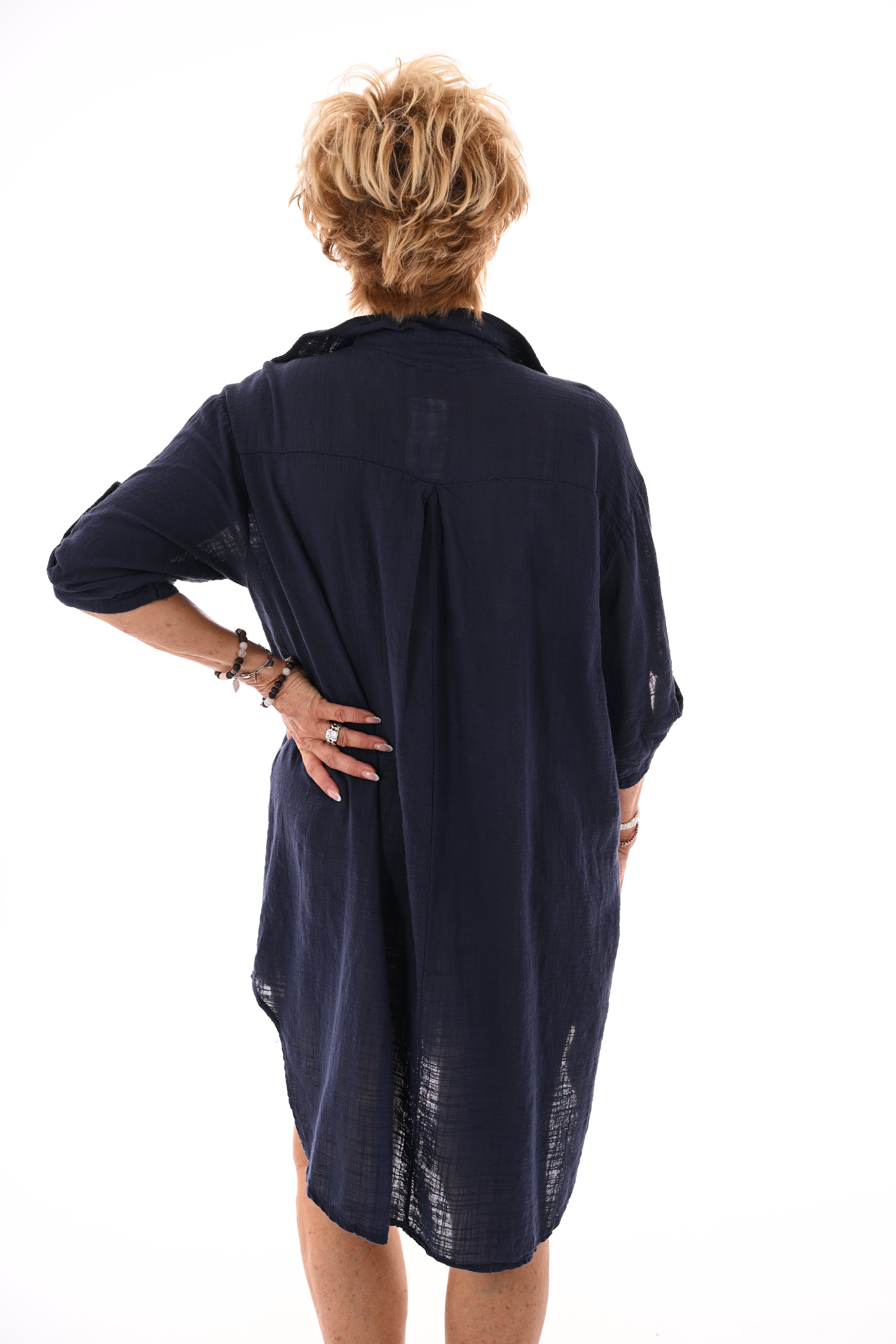 Lange blouse ophaalmouwen uni marineblauw
