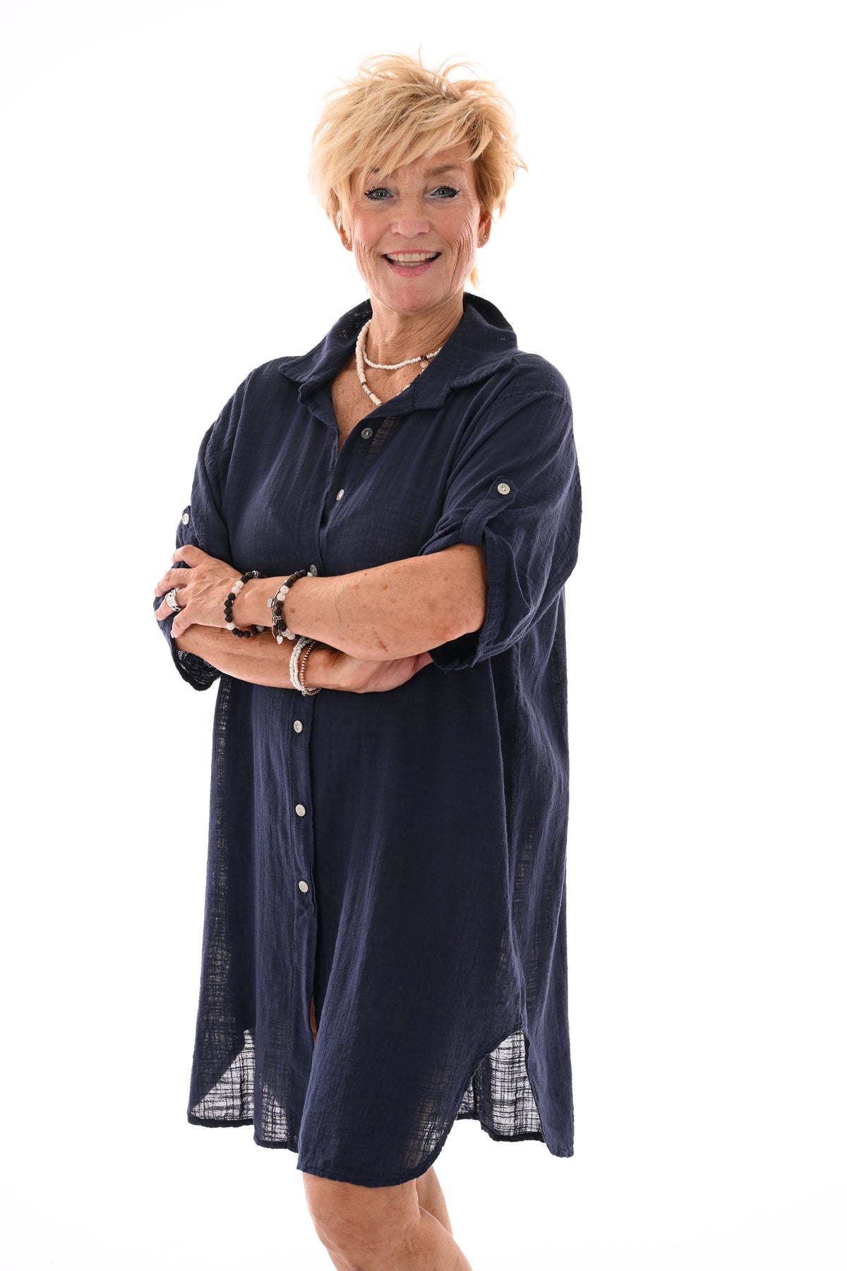 Lange blouse ophaalmouwen uni marineblauw
